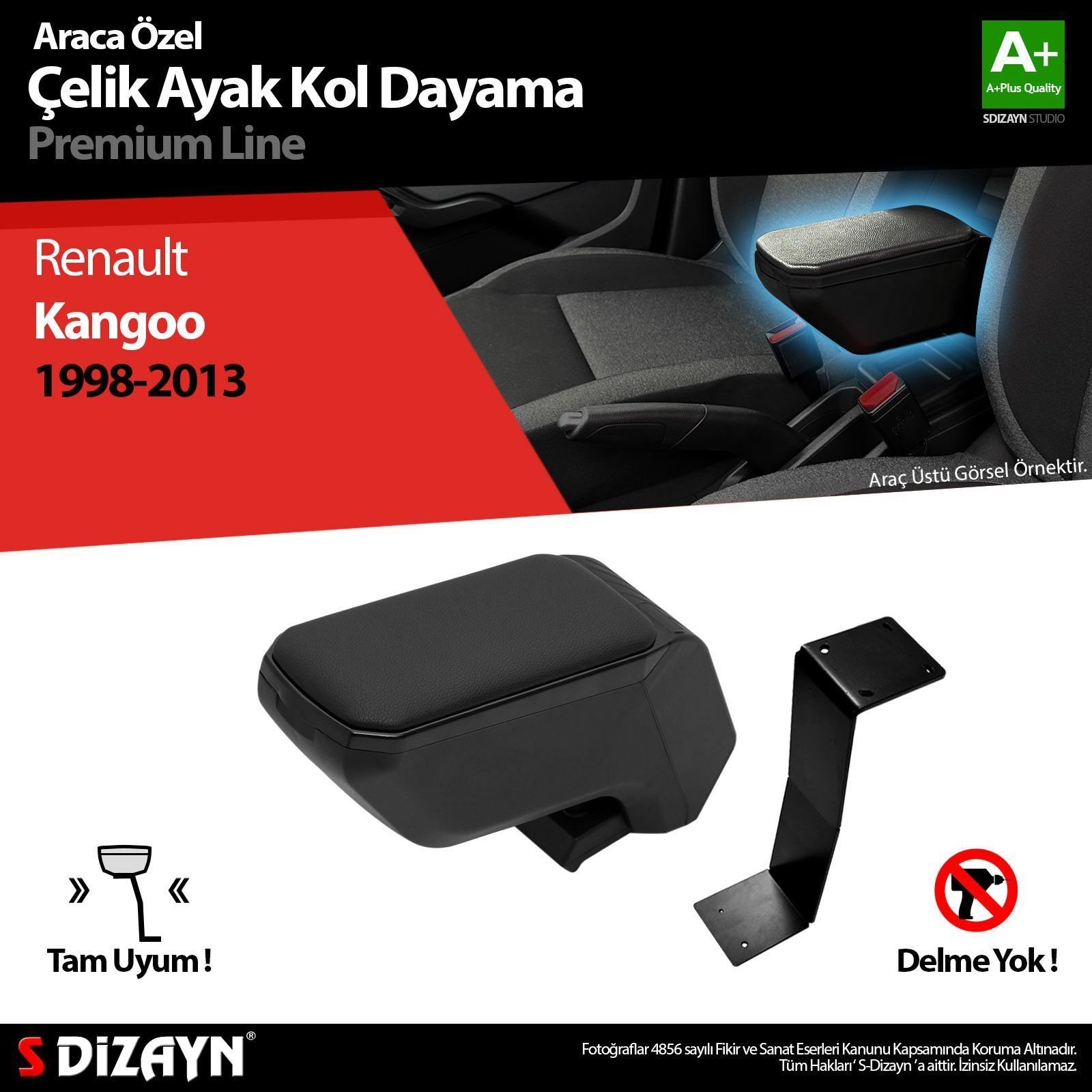 Renault Kangoo Uyumlu Kol Dayama Kolçak Çelik Ayaklı ABS Siyah 1998-2013 A+Kalite Parça
