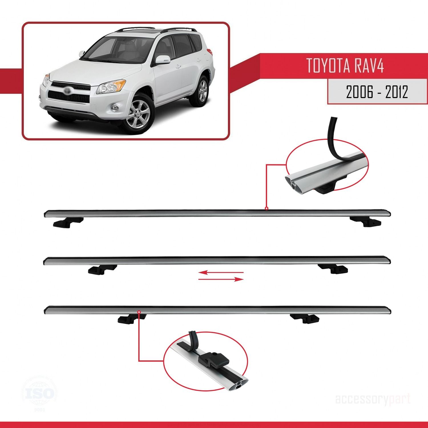 Toyota RAV4 2006-2012 Arası ile uyumlu Basic Model Ara Atkı Tavan Barı GRİ 3 ADET