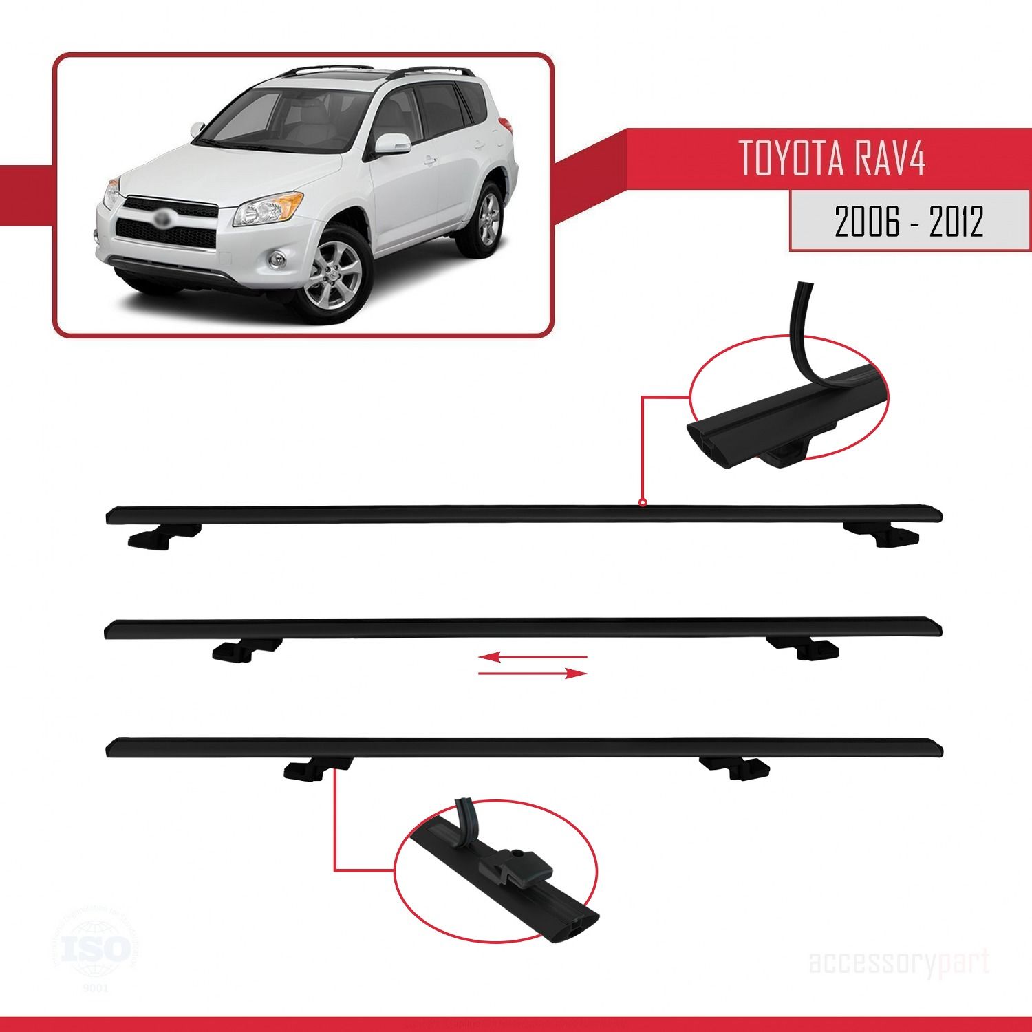 Toyota RAV4 2006-2012 Arası ile uyumlu Basic Model Ara Atkı Tavan Barı SİYAH 3 ADET