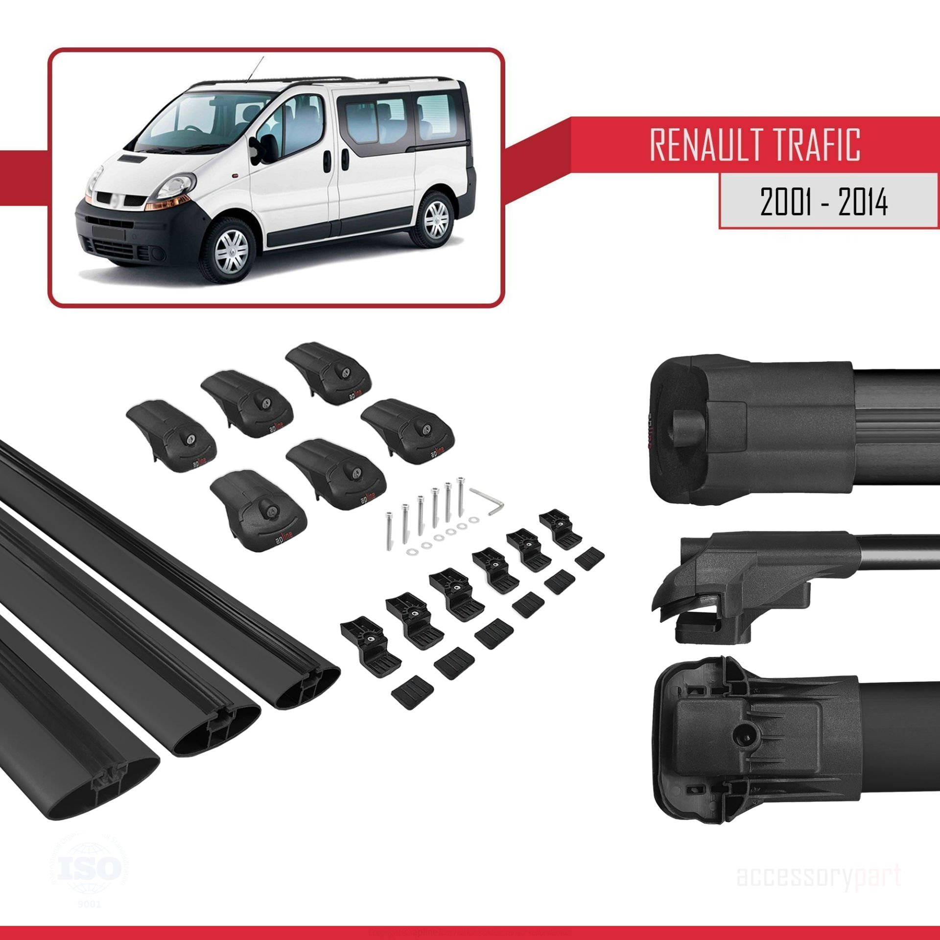 Renault Trafic 2001-2014 Arası ile uyumlu ACE-1 Ara Atkı Tavan Barı SİYAH 3 ADET BAR