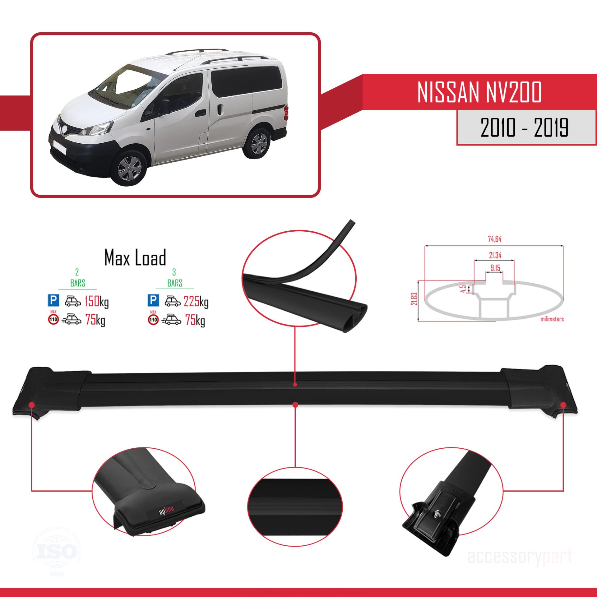 Nissan NV200 2010-2019 Arası ile uyumlu FLY Model Ara Atkı Tavan Barı SİYAH