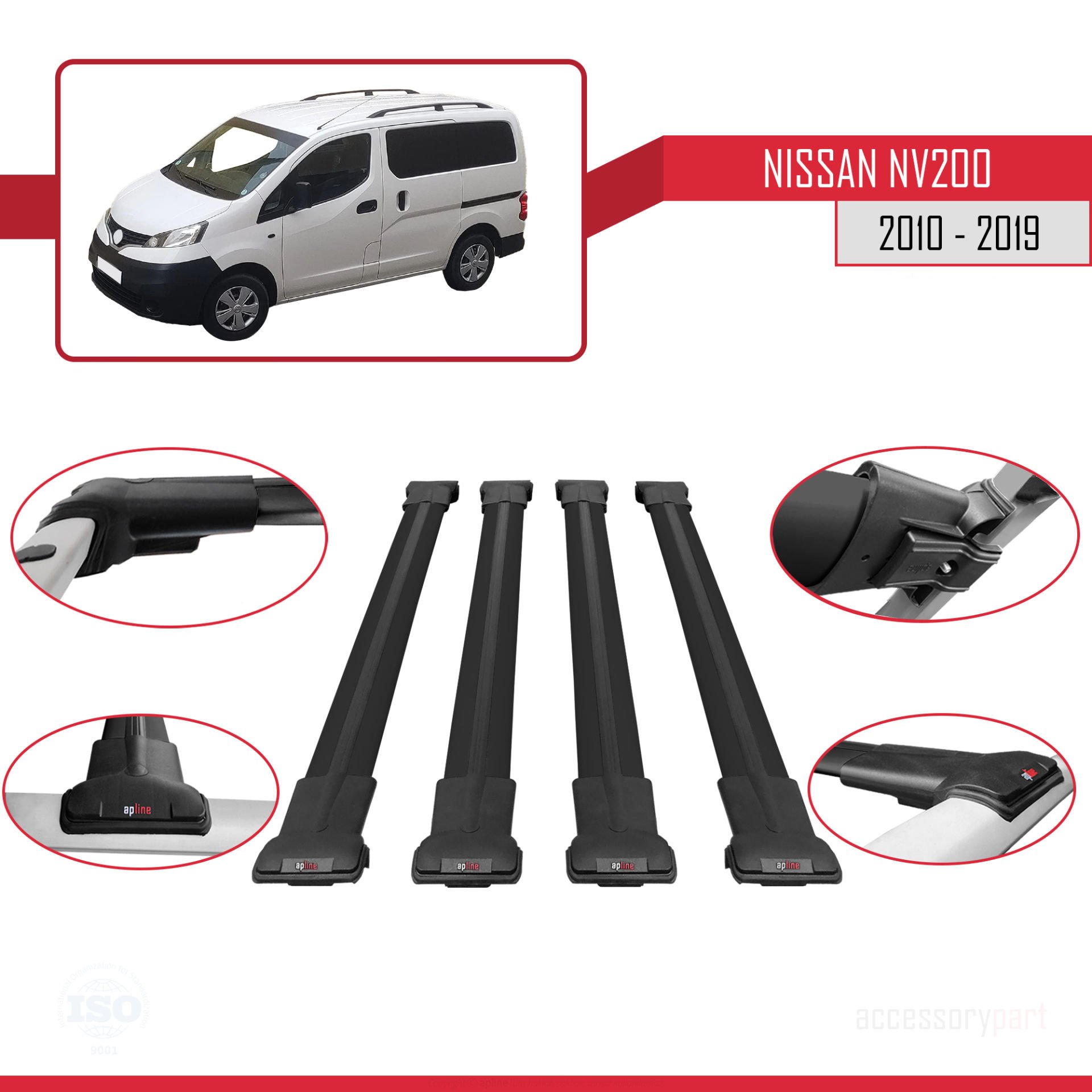 Nissan NV200 2010-2019 Arası ile uyumlu FLY Model Ara Atkı Tavan Barı SİYAH 4 ADET BAR