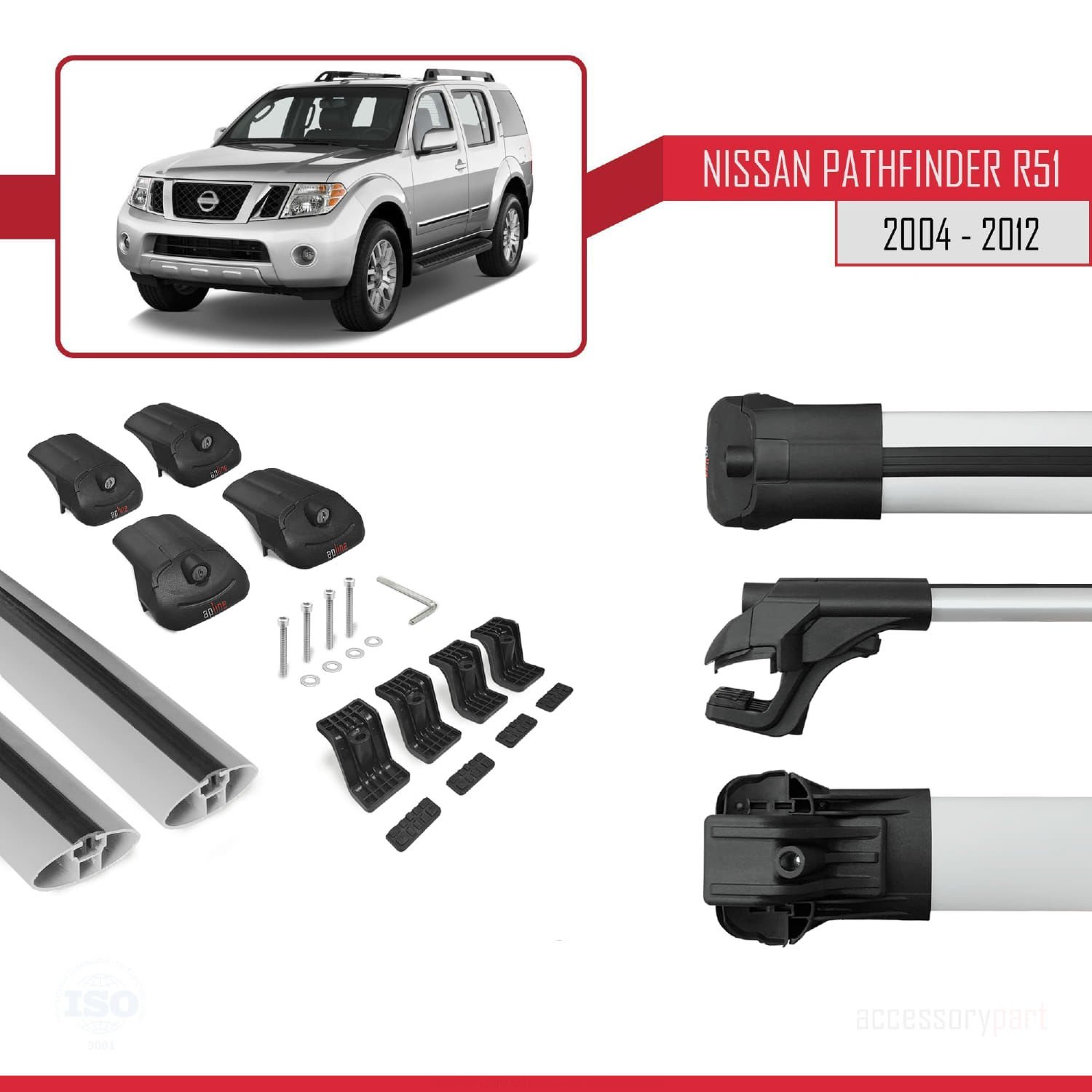 Nissan Pathfinder (R51) 2004-2012 Arası ile uyumlu ACE-1 Ara Atkı Tavan Barı GRİ