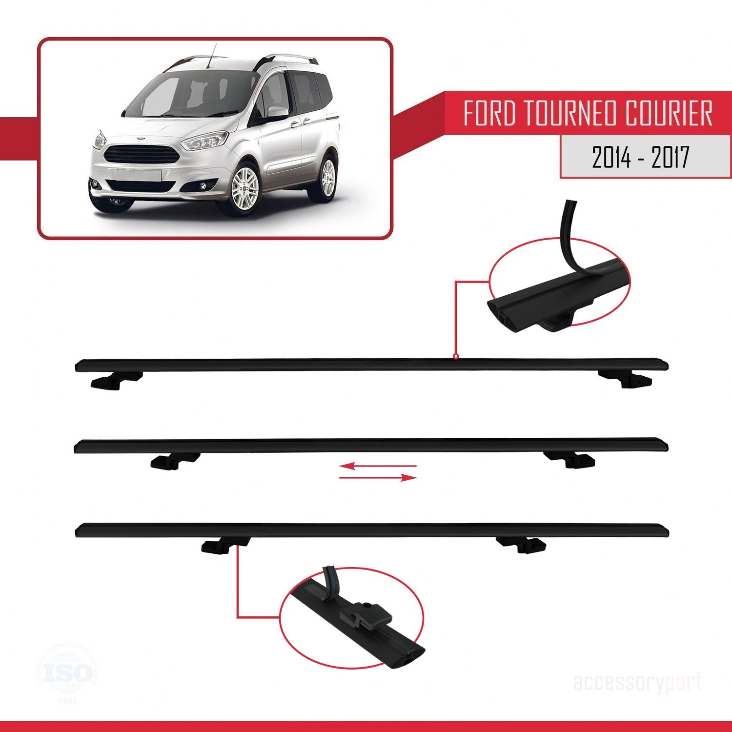 Ford Tourneo Courier 2014-2017 Arası ile uyumlu Basic Model Ara Atkı Tavan Barı SİYAH 3 ADET