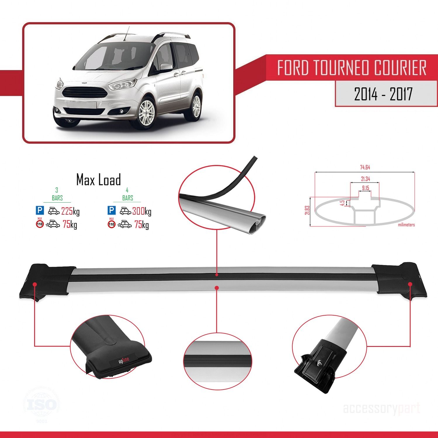 Ford Tourneo Courier 2014-2017 Arası ile uyumlu FLY Model Ara Atkı Tavan Barı GRİ 4 ADET BAR