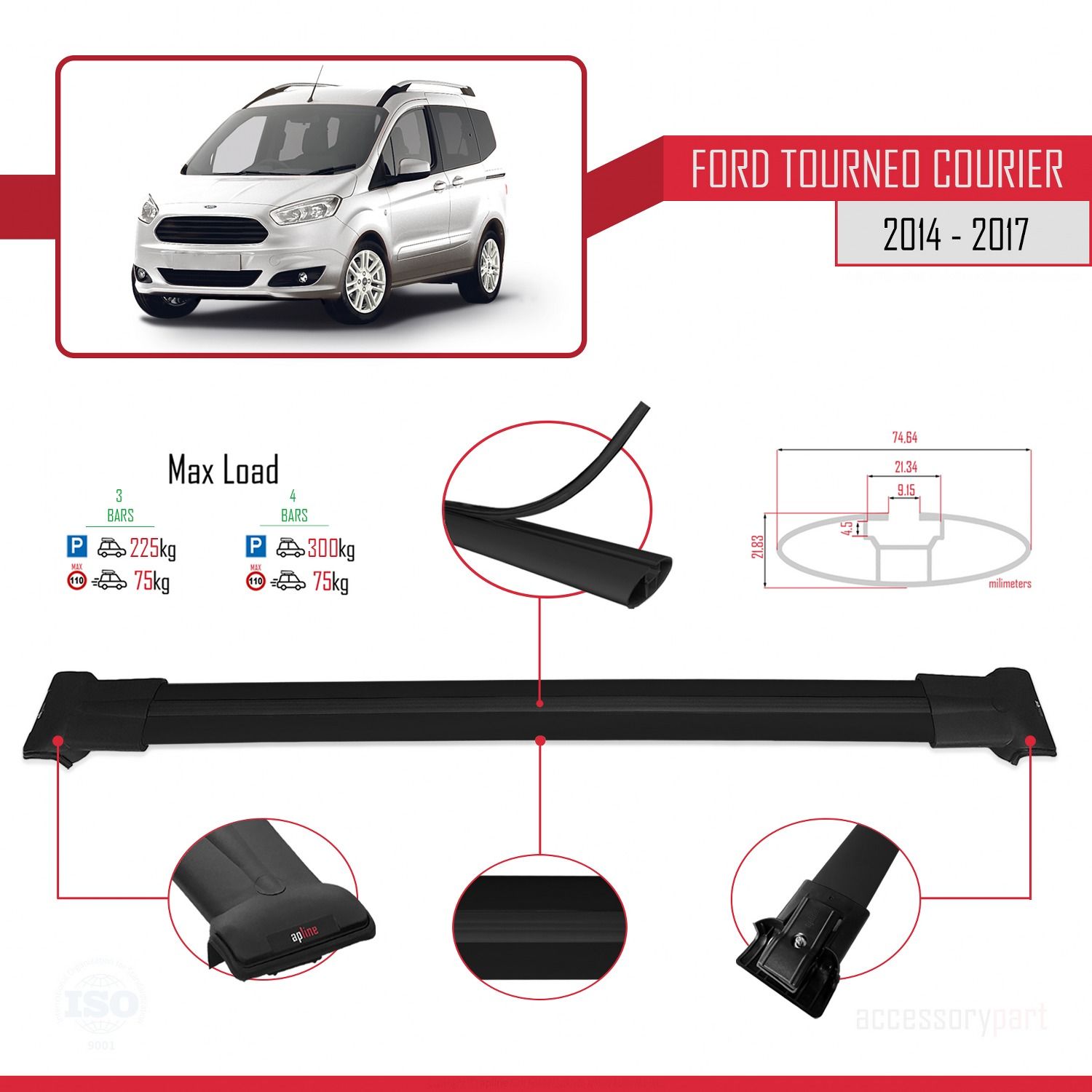 Ford Tourneo Courier 2014-2017 Arası ile uyumlu FLY Model Ara Atkı Tavan Barı SİYAH 3 ADET BAR