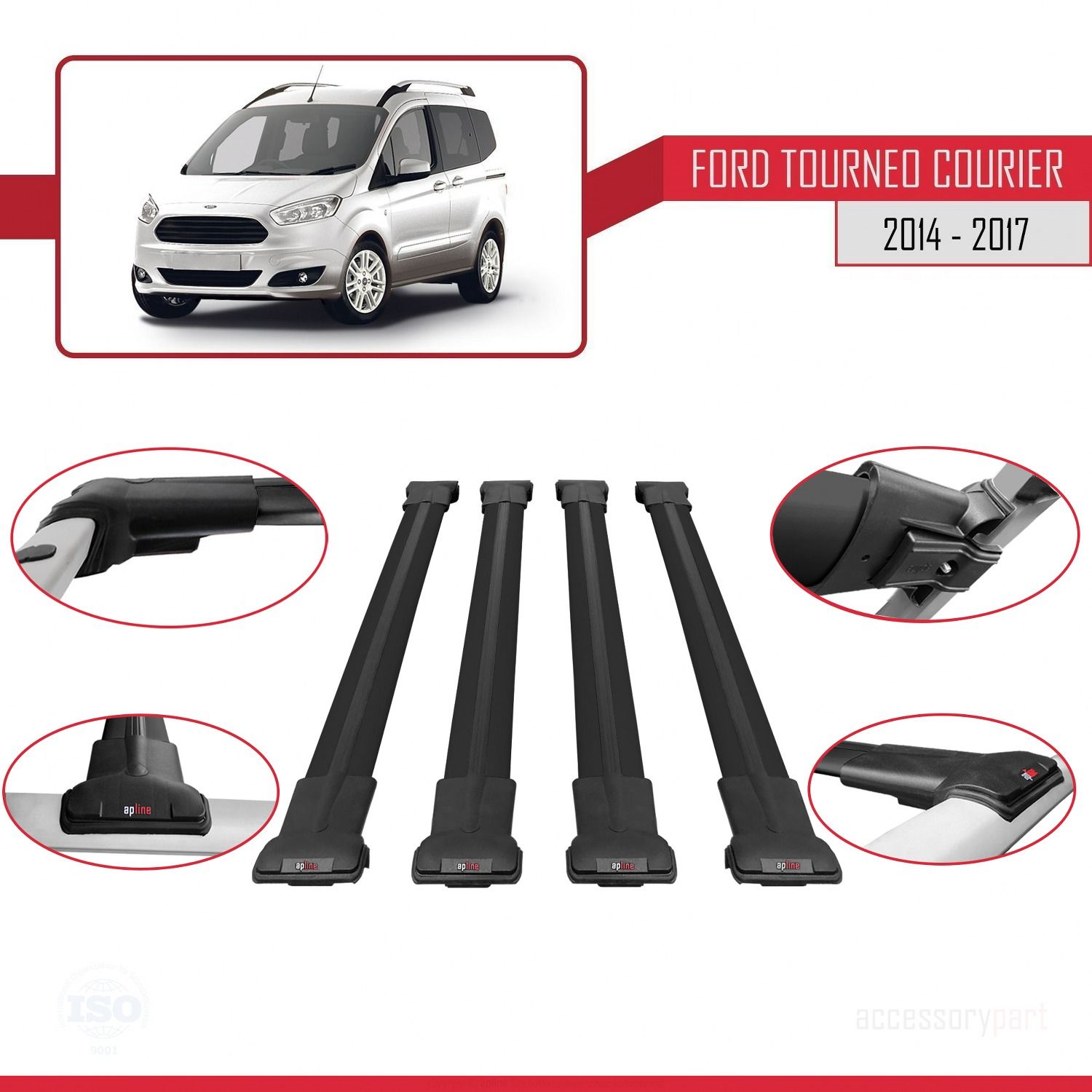 Ford Tourneo Courier 2014-2017 Arası ile uyumlu FLY Model Ara Atkı Tavan Barı SİYAH 4 ADET BAR