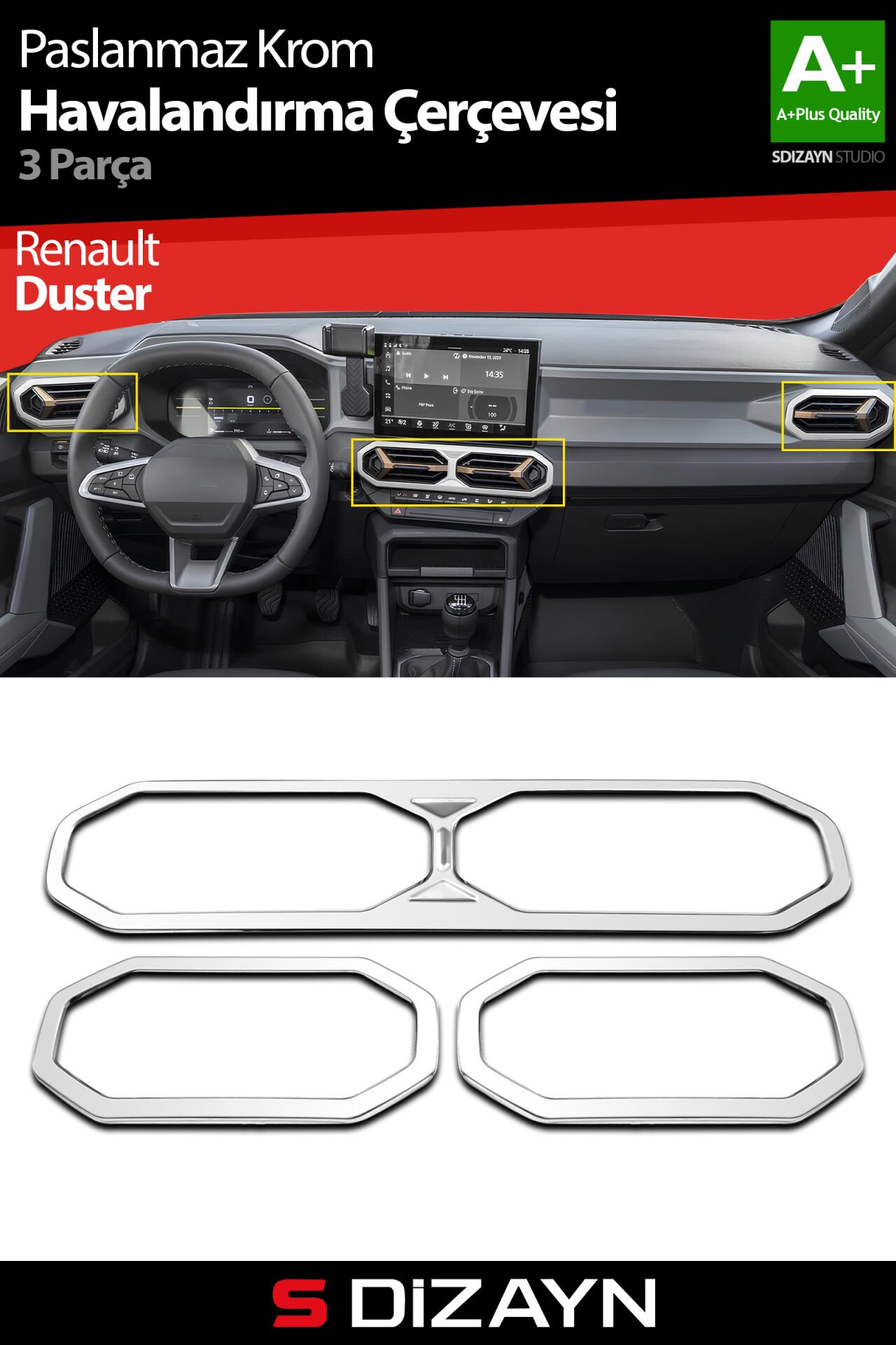 S-Dizayn Renault Duster Krom Havalandırma Çerçevesi 3 Prç. 2024 Üzeri (Parlak Krom) A+ Kalite