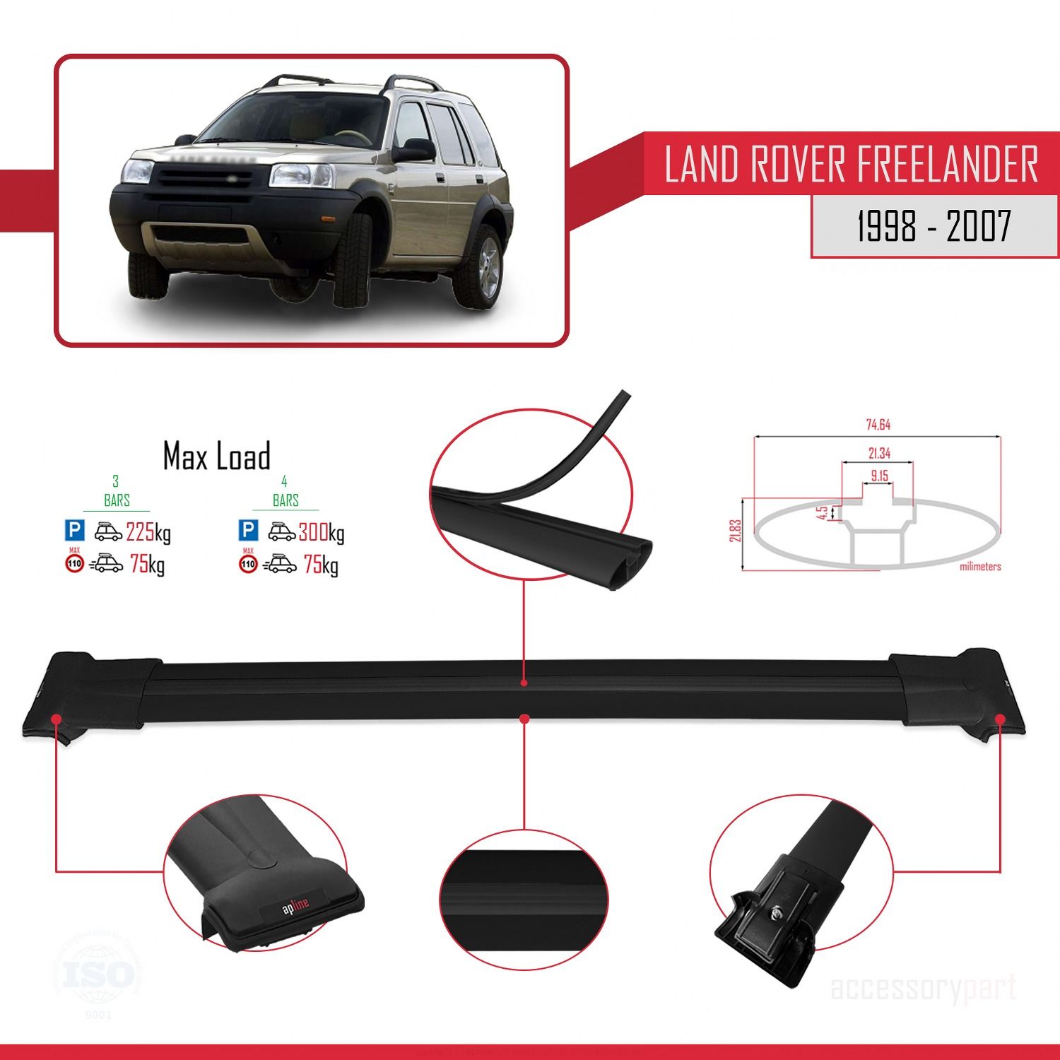 Land Rover Freelander 1998-2007 Arası ile Uyumlu FLY Model Ara Atkı Tavan Barı SİYAH 3 ADET BAR