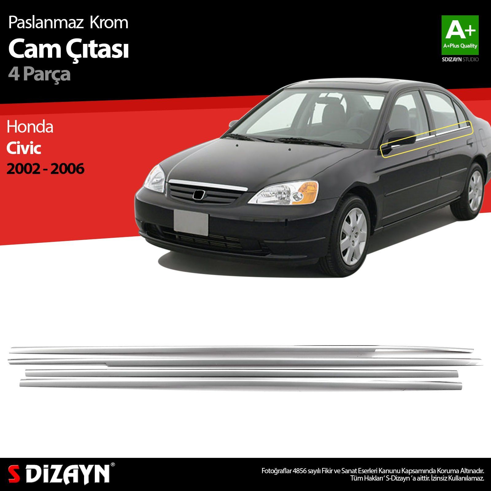 Honda Civic Uyumlu Krom Cam Çıtası 4 Parça 2002-2006