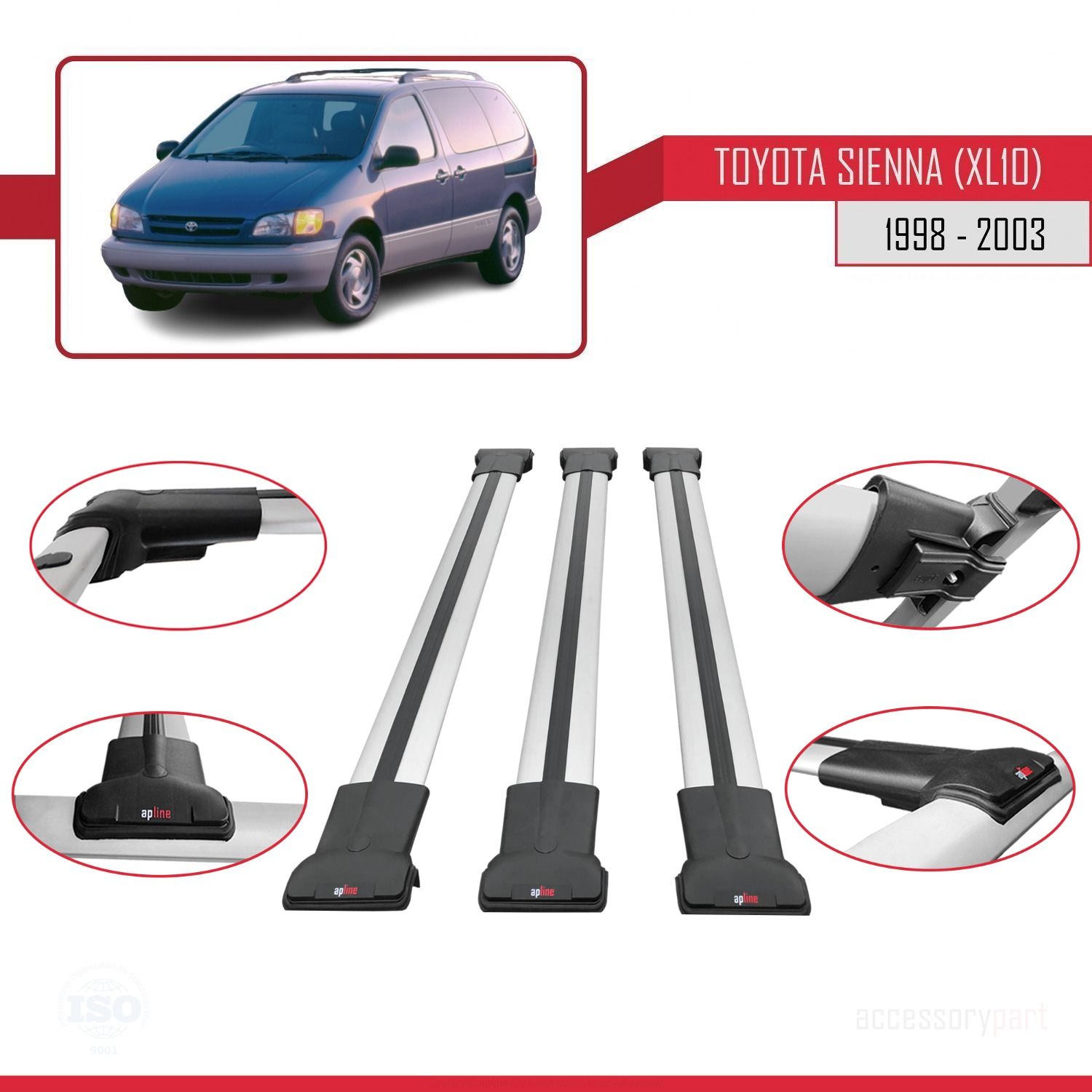 Toyota Sienna (XL10) 1998-2003 Arası ile Uyumlu FLY Model Ara Atkı Tavan Barı GRİ 3 ADET BAR