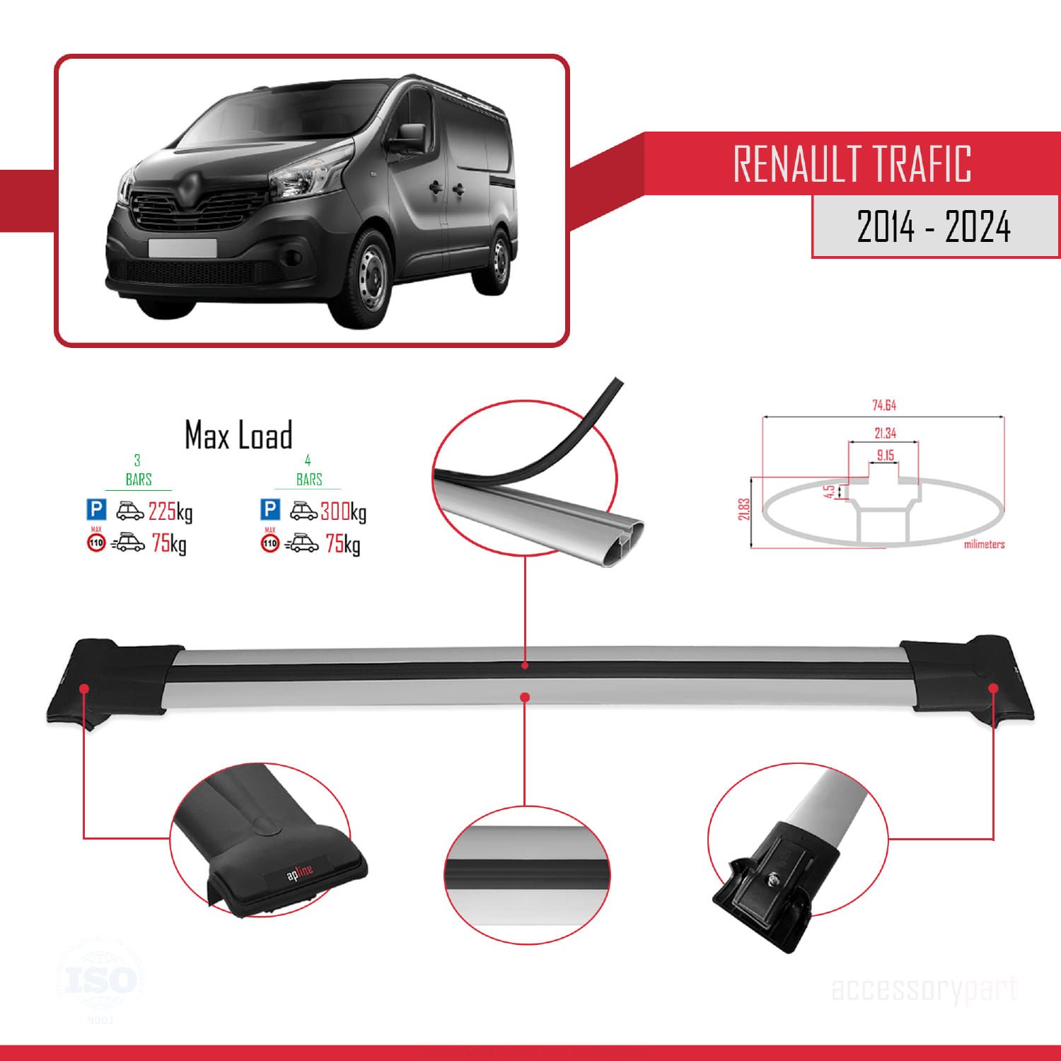 Renault Trafic 2014 ve Sonrası ile uyumlu FLY Model Ara Atkı Tavan Barı GRİ 3 ADET BAR