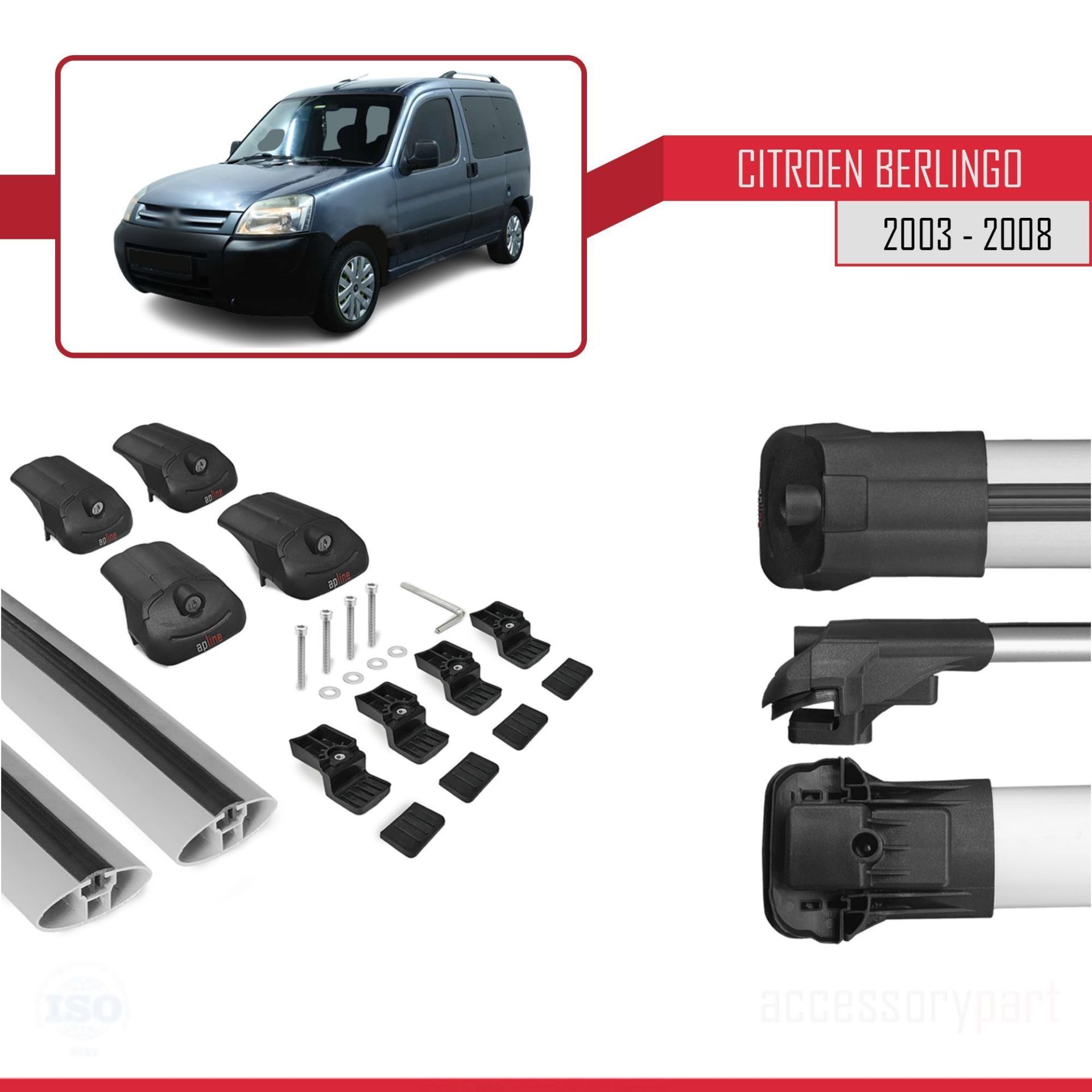 Citroen Berlingo 2003-2008 Arası ile uyumlu ACE-1 Ara Atkı Tavan Barı GRİ