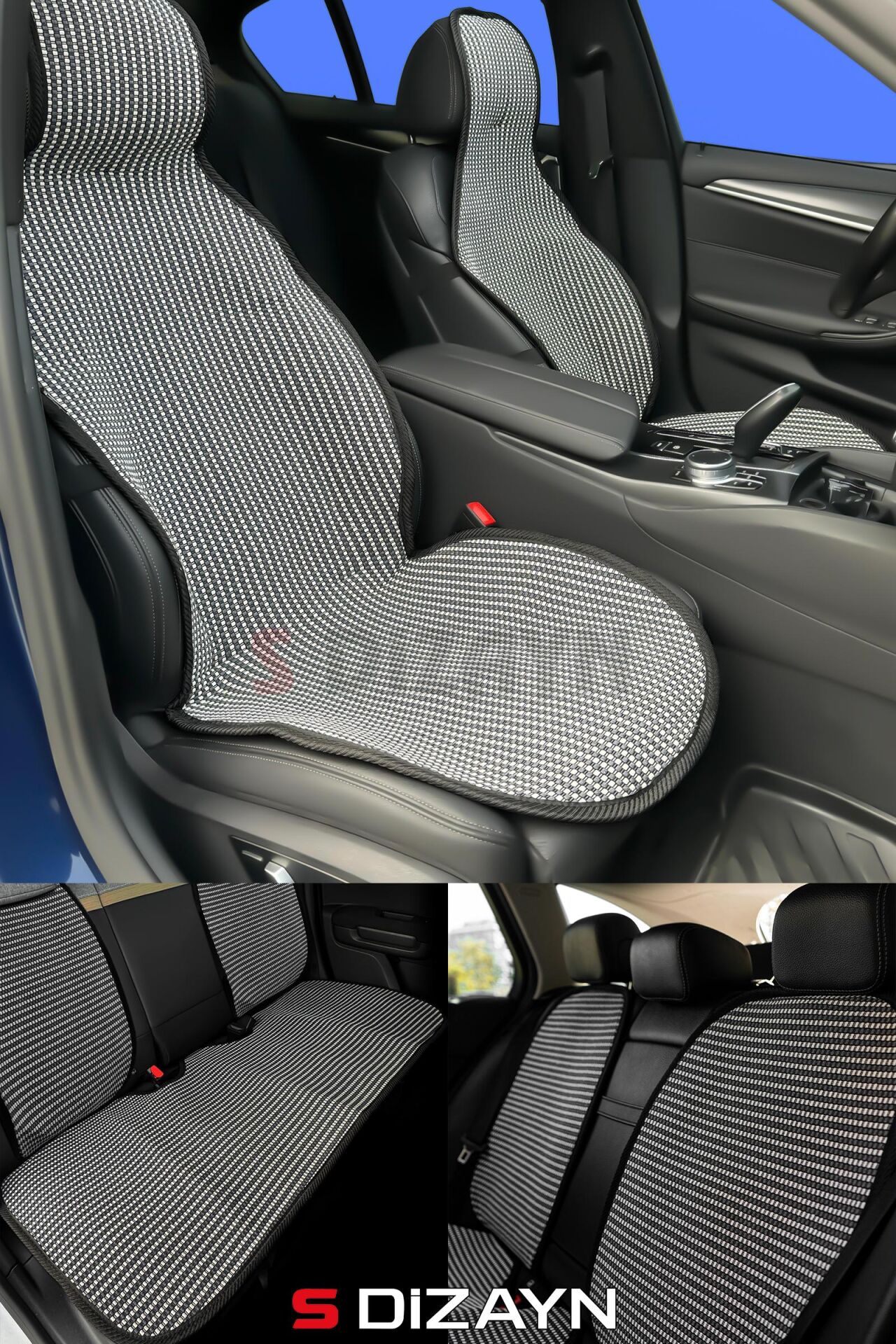 S-Dizayn Oto Koltuk Koruyucu Kılıf Set Çizgili Füme Beyaz Universal 2+3 Parça Ön Arka