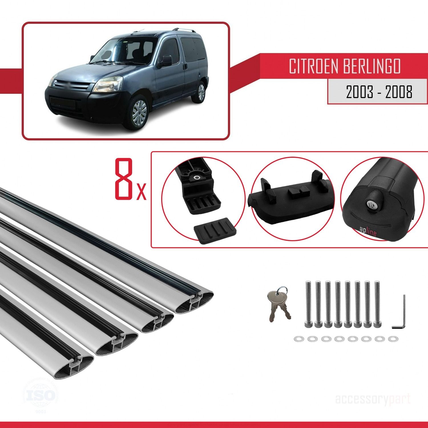 Citroen Berlingo 2003-2008 Arası ile uyumlu ACE-1 Ara Atkı Tavan Barı GRİ 4 ADET BAR