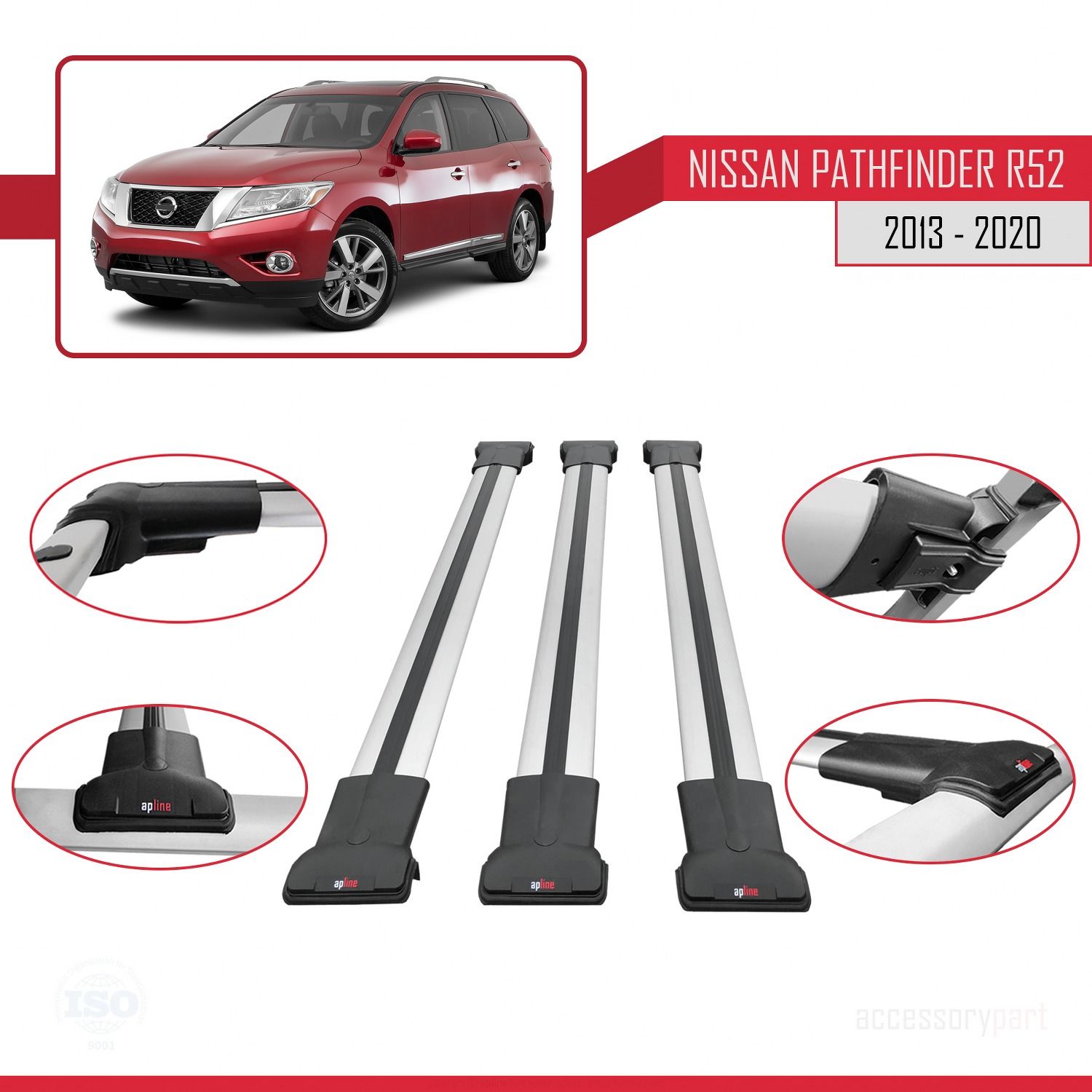 Nissan Pathfinder (R52) 2013-2020 Arası ile Uyumlu FLY Model Ara Atkı Tavan Barı GRİ 3 ADET BAR