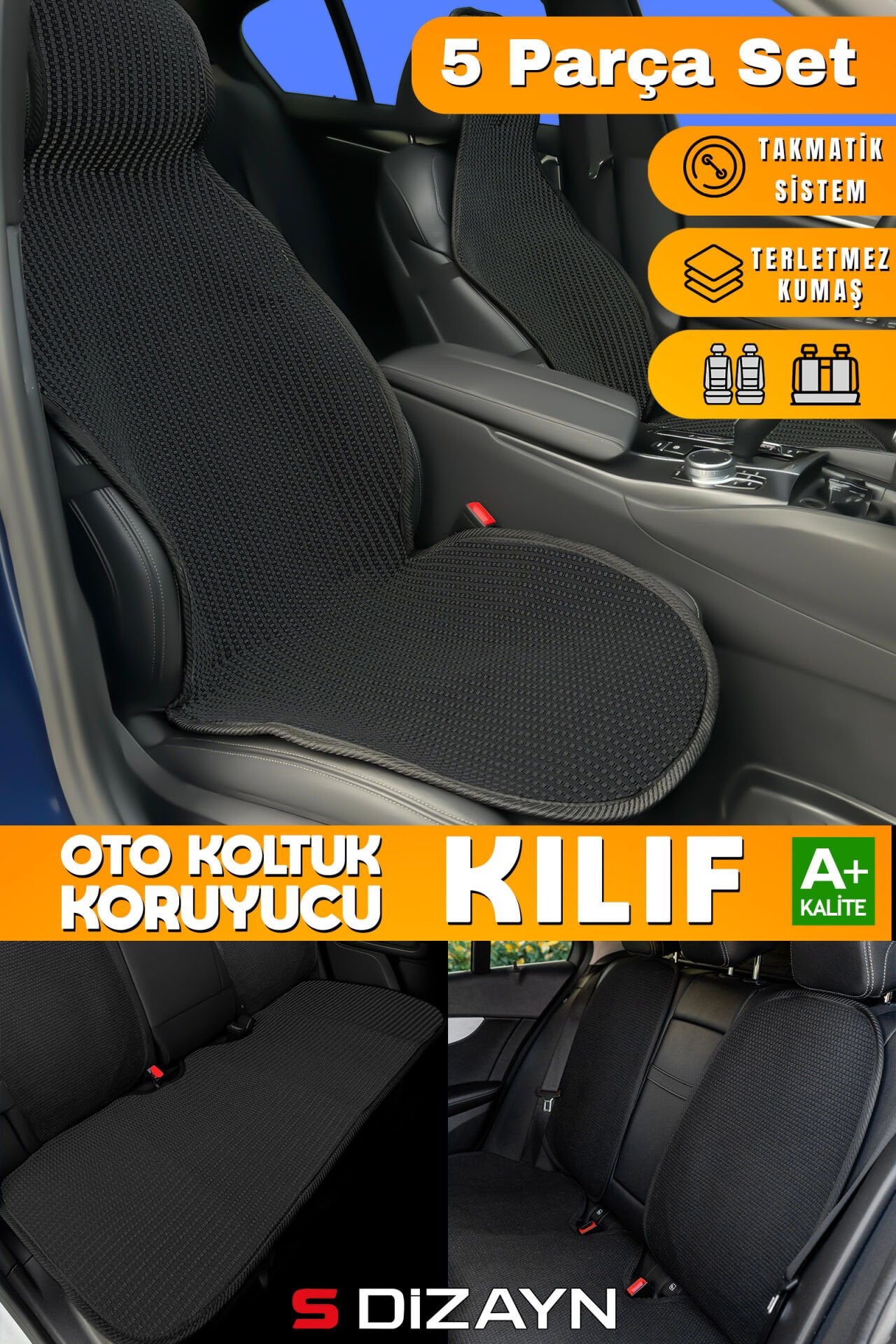 S-Dizayn Oto Koltuk Koruyucu Kılıf Set Siyah Universal 2+3 Parça Ön Arka