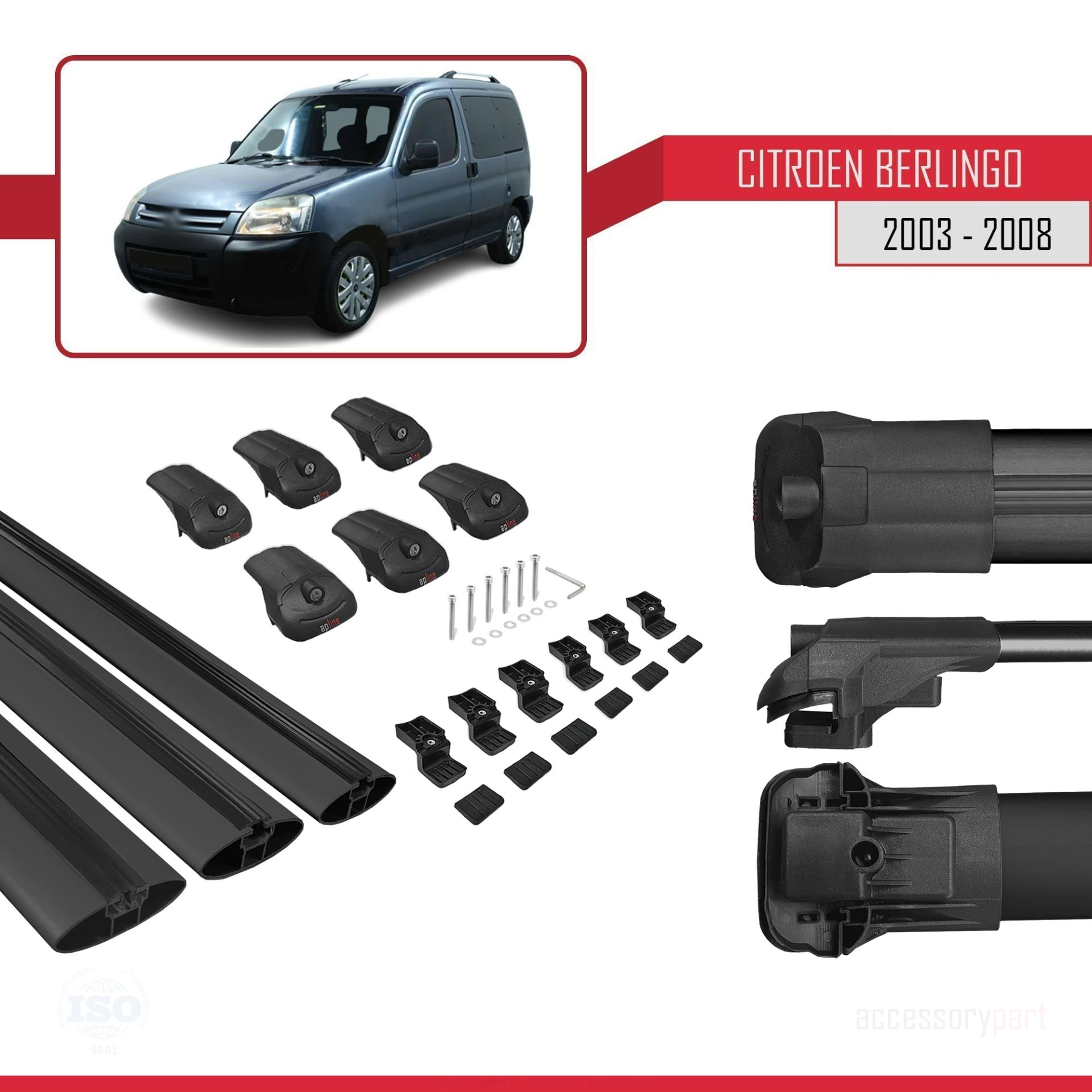 Citroen Berlingo 2003-2008 Arası ile uyumlu ACE-1 Ara Atkı Tavan Barı SİYAH 3 ADET BAR