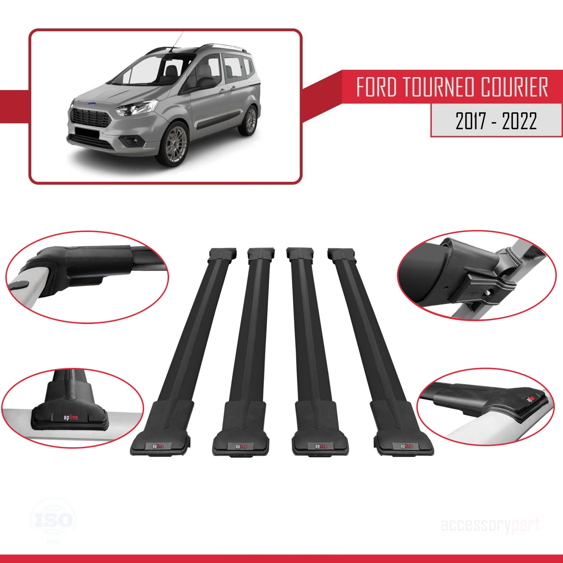 Ford Tourneo Courier 2017-2022 Arası ile uyumlu FLY Model Ara Atkı Tavan Barı SİYAH 4 ADET BAR