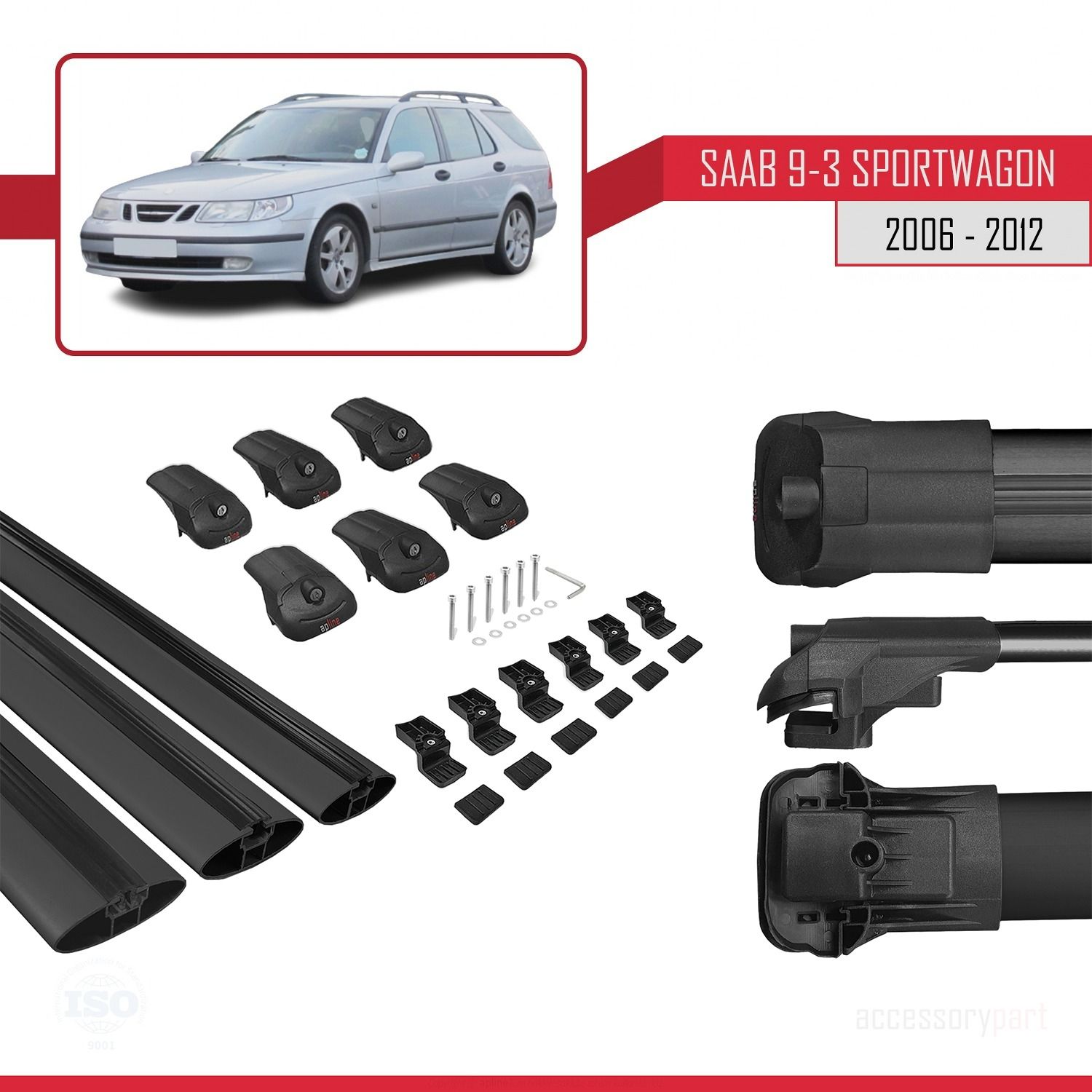 Saab 9-3 Sportwagon 2006-2012 Arası ile uyumlu ACE-1 Ara Atkı Tavan Barı SİYAH 3 ADET BAR