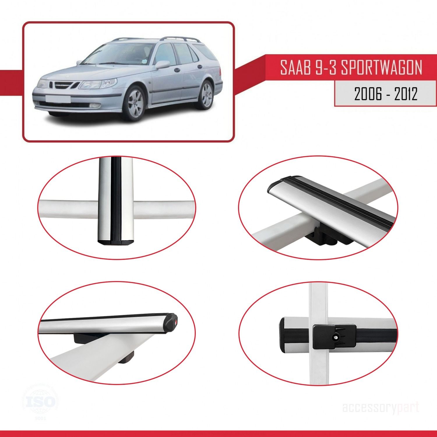 Saab 9-3 Sportwagon 2006-2012 Arası ile uyumlu Basic Model Ara Atkı Tavan Barı GRİ 3 ADET