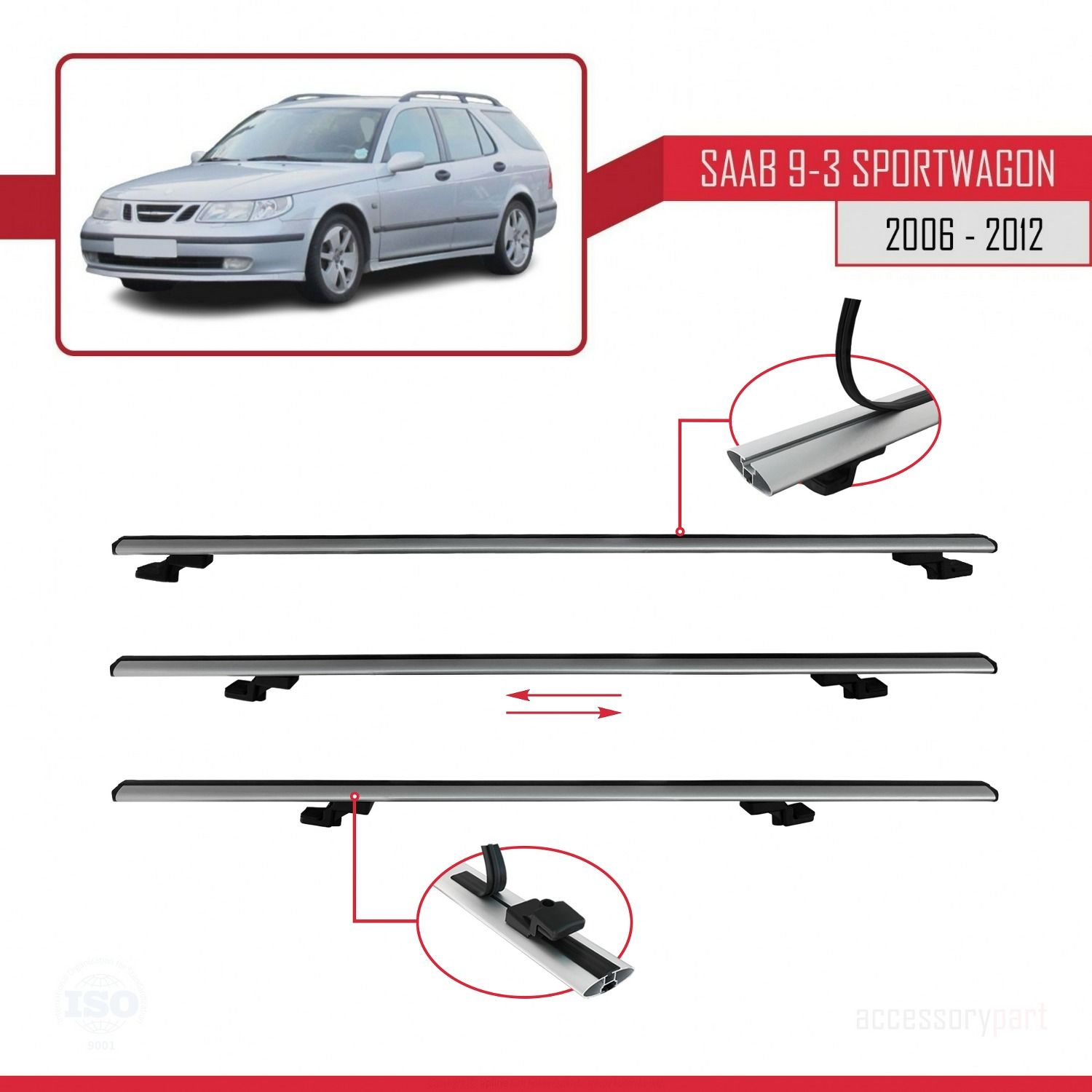Saab 9-3 Sportwagon 2006-2012 Arası ile uyumlu Basic Model Ara Atkı Tavan Barı GRİ 3 ADET