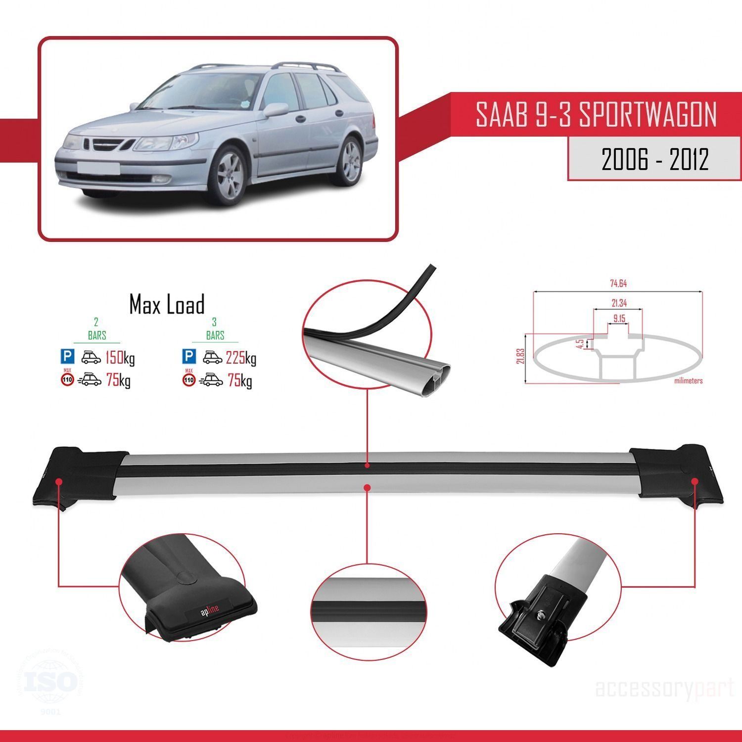 Saab 9-3 Sportwagon 2006-2012 Arası ile Uyumlu FLY Model Ara Atkı Tavan Barı GRİ