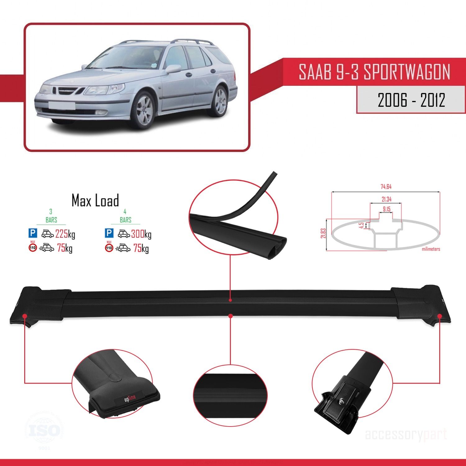 Saab 9-3 Sportwagon 2006-2012 Arası ile Uyumlu FLY Model Ara Atkı Tavan Barı SİYAH 3 ADET BAR