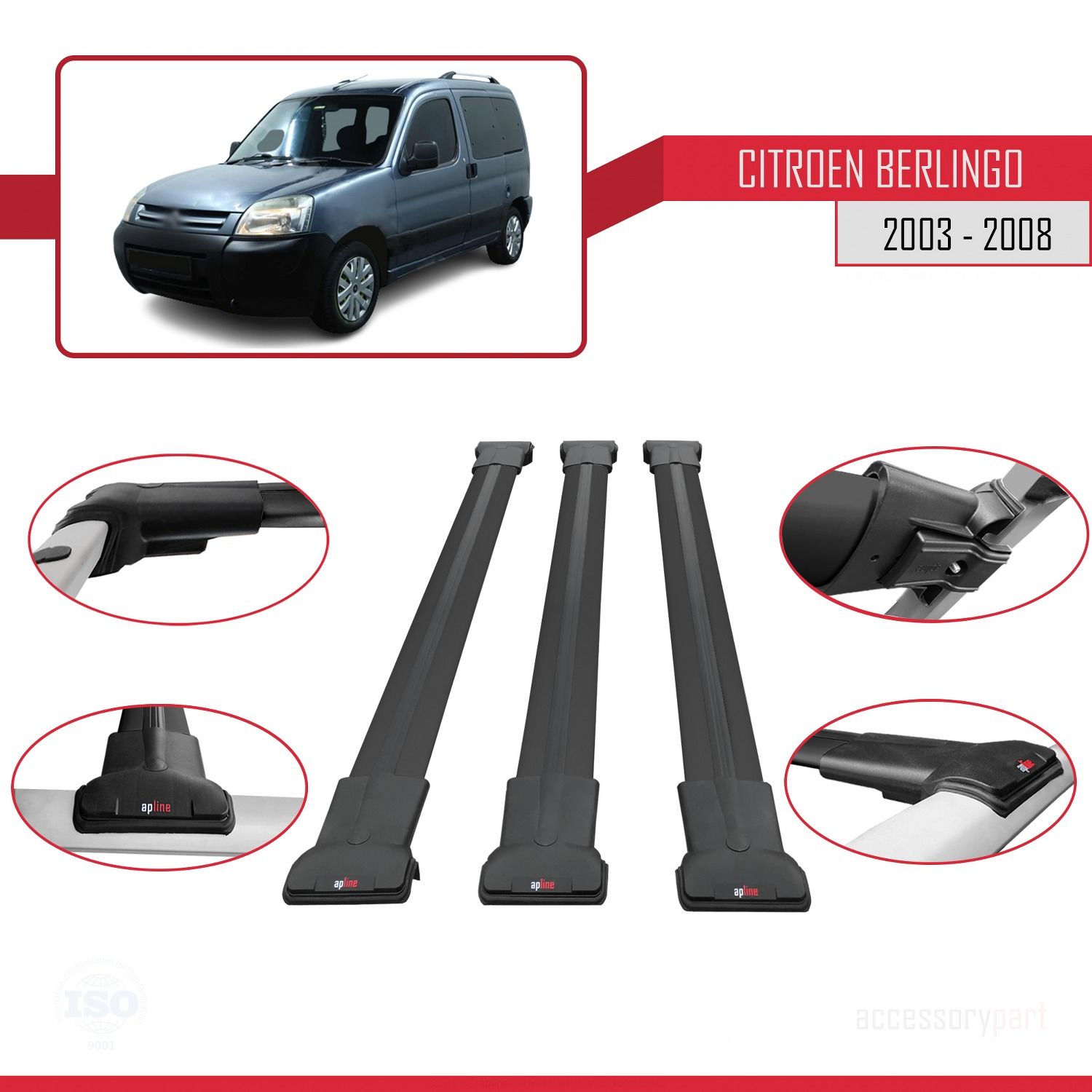 Citroen Berlingo 2003-2008 Arası ile uyumlu FLY Model Ara Atkı Tavan Barı SİYAH 3 ADET BAR
