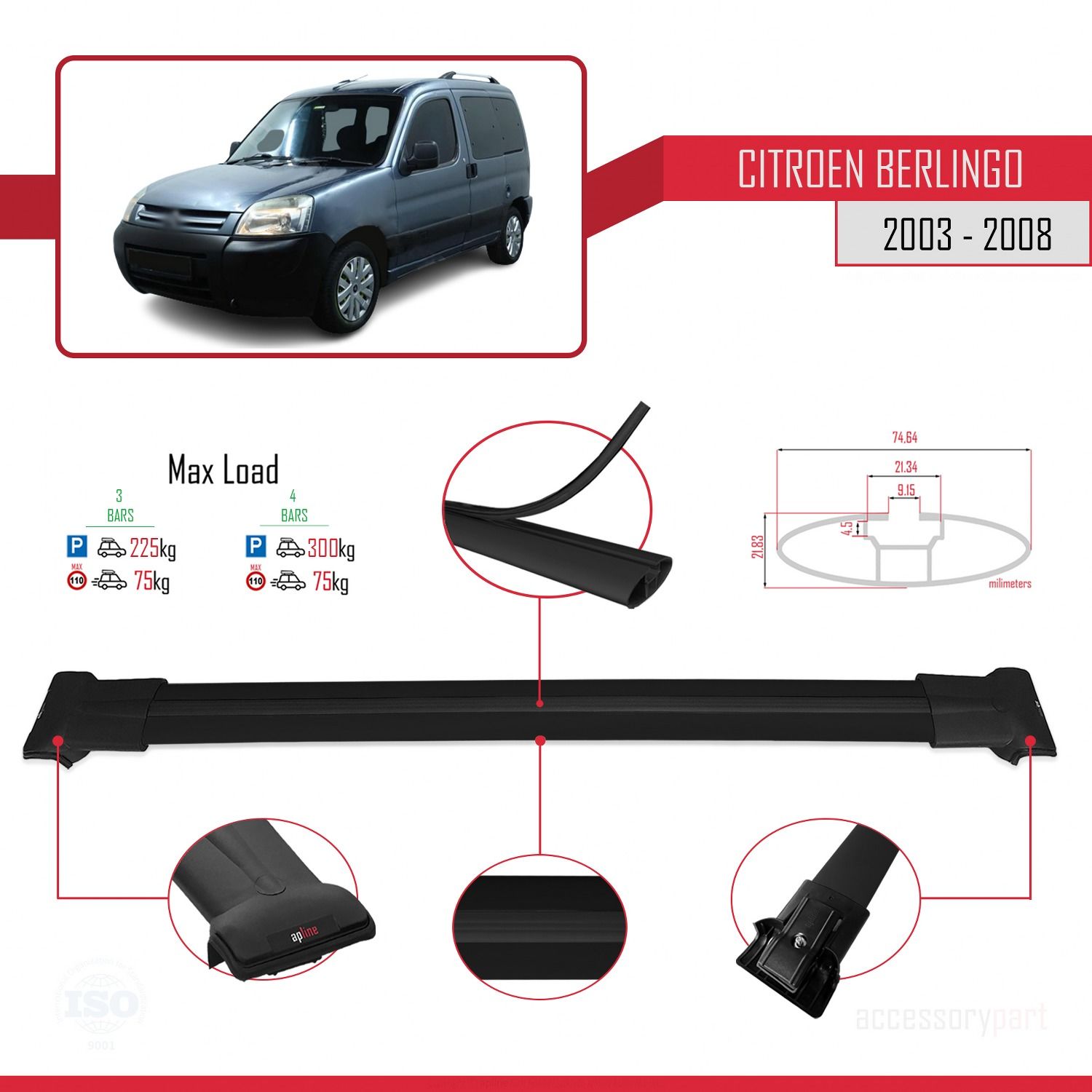 Citroen Berlingo 2003-2008 Arası ile uyumlu FLY Model Ara Atkı Tavan Barı SİYAH 3 ADET BAR