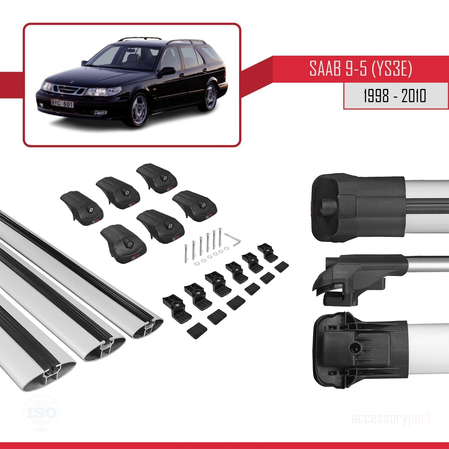 Saab 9-5 (YS3E) 1998-2010 Arası ile uyumlu ACE-1 Ara Atkı Tavan Barı GRİ 3 ADET BAR