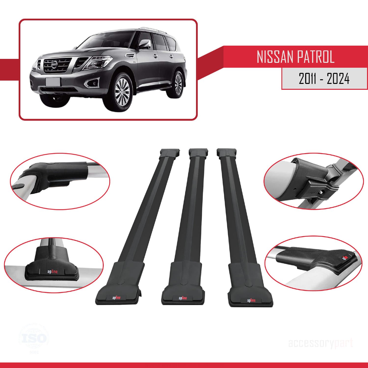 Nissan Patrol Y62 2011 ve Sonrası ile uyumlu FLY Model Ara Atkı Tavan Barı SİYAH 3 ADET BAR