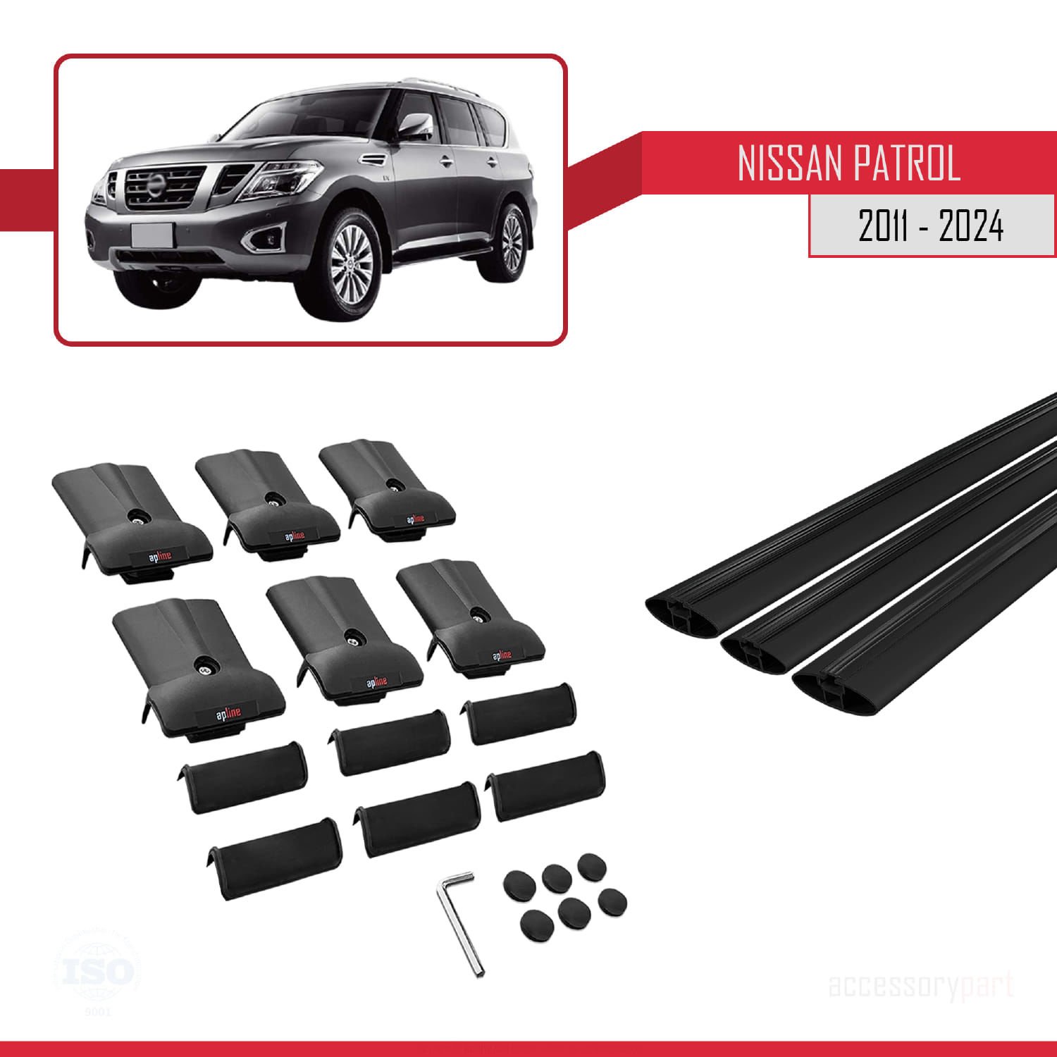 Nissan Patrol Y62 2011 ve Sonrası ile uyumlu FLY Model Ara Atkı Tavan Barı SİYAH 3 ADET BAR