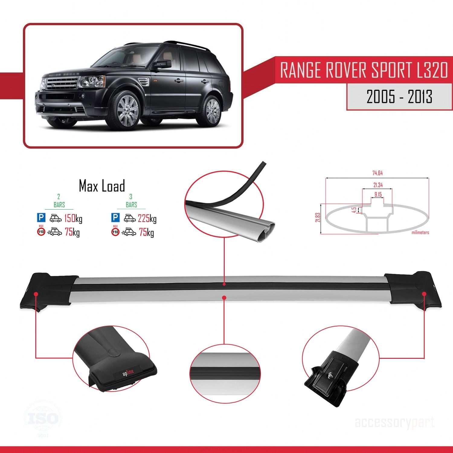 Land Rover Range Rover Sport (L320) 2005-2013 Arası ile uyumlu FLY Model Ara Atkı Tavan Barı GRİ