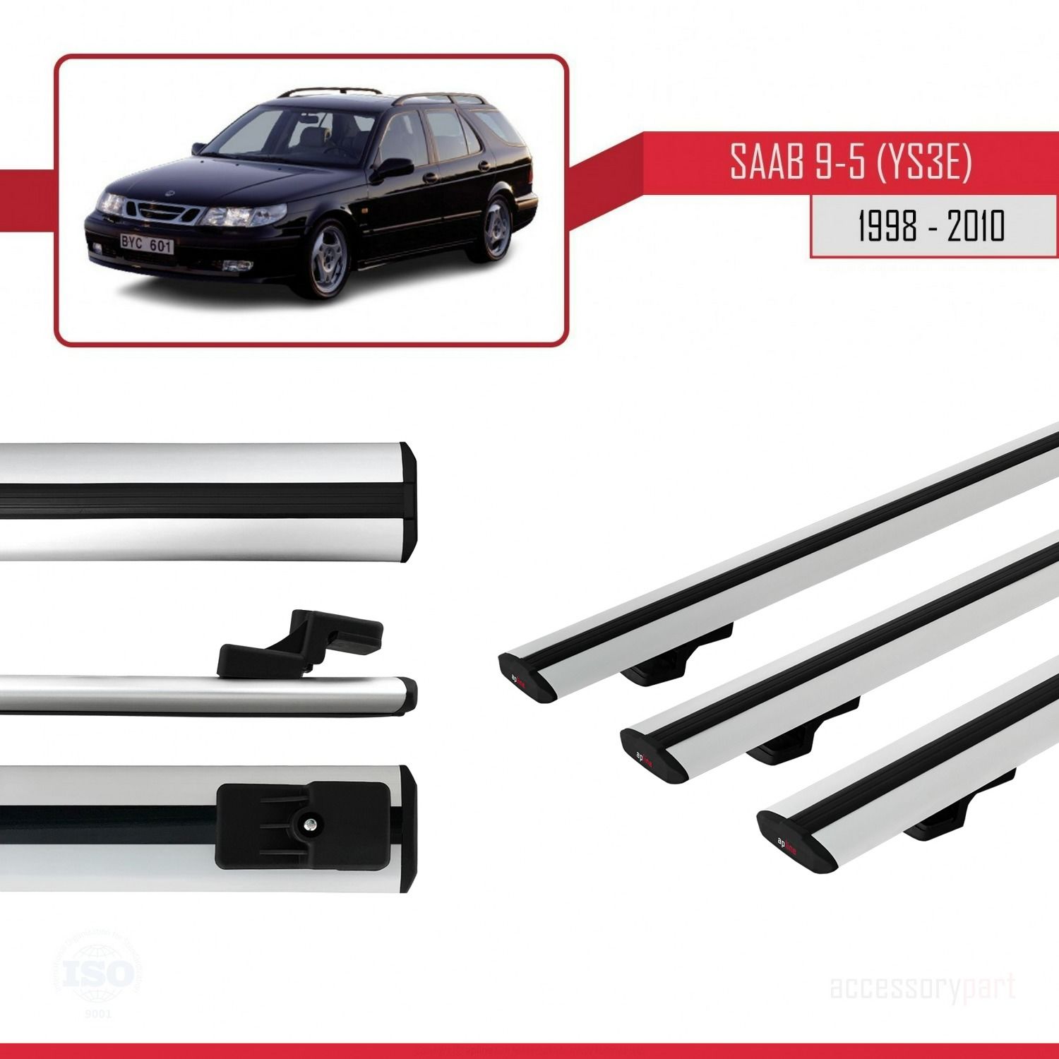 Saab 9-5 (YS3E) 1998-2010 Arası ile uyumlu Basic Model Ara Atkı Tavan Barı GRİ 3 ADET