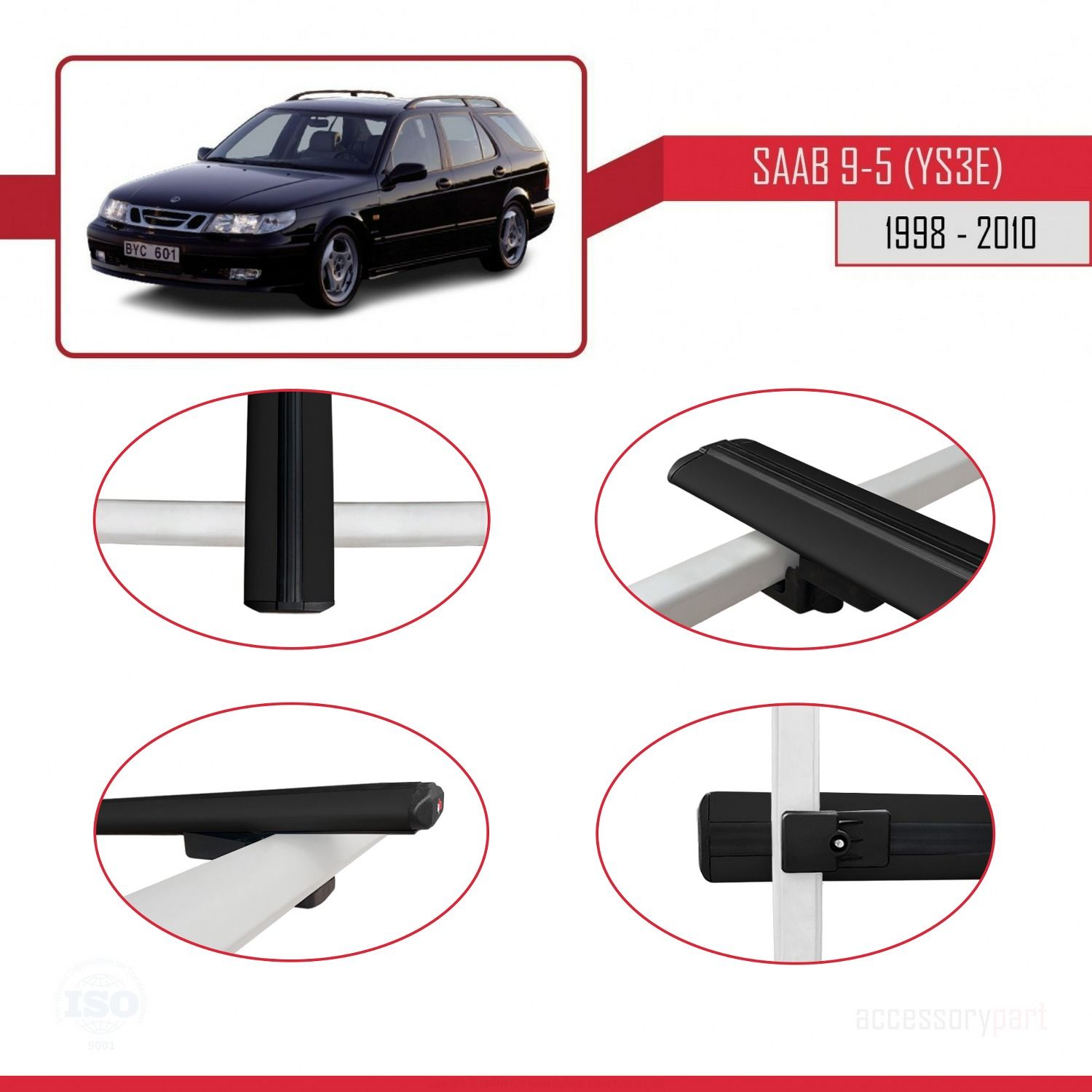 Saab 9-5 (YS3E) 1998-2010 Arası ile uyumlu Basic Model Ara Atkı Tavan Barı SİYAH 3 ADET