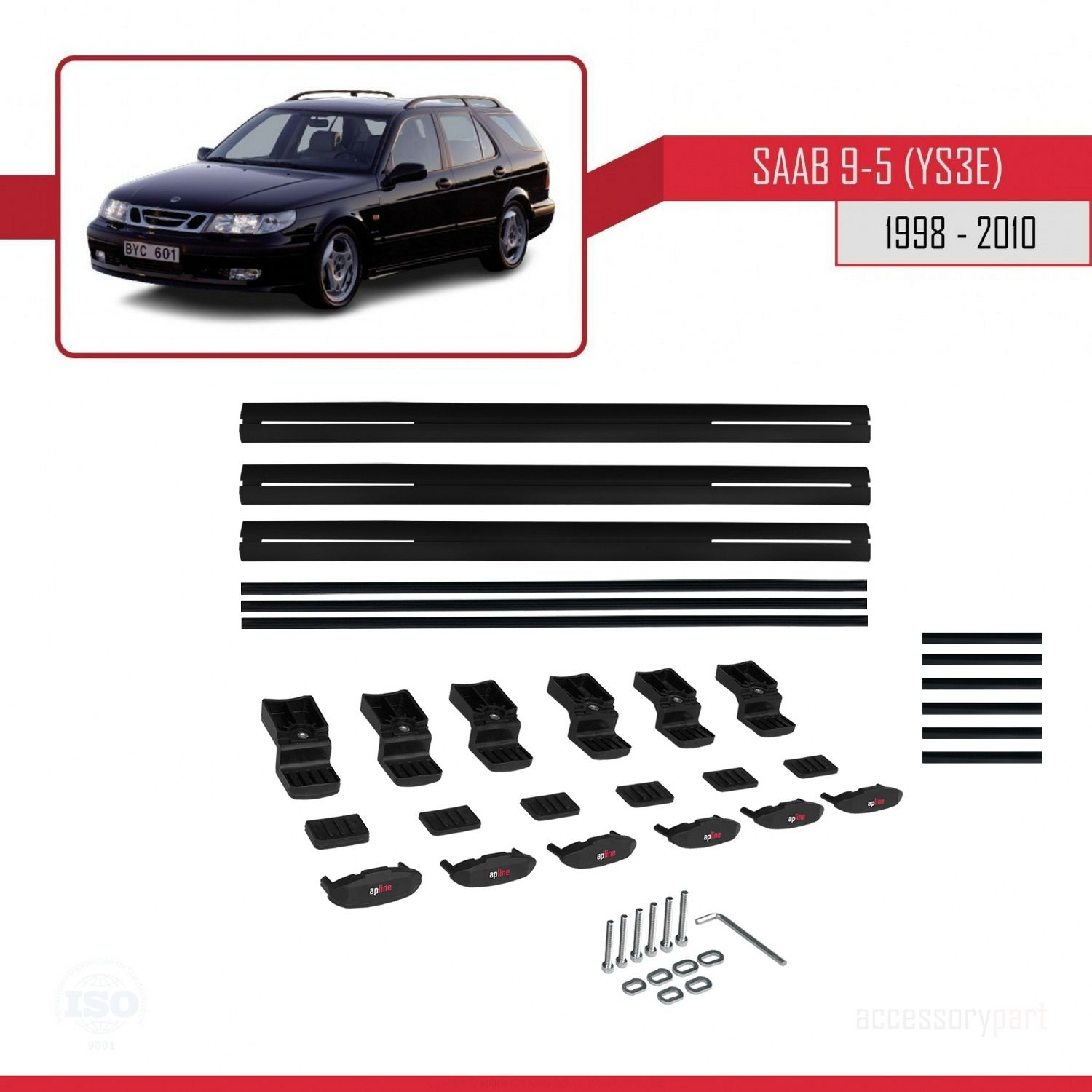 Saab 9-5 (YS3E) 1998-2010 Arası ile uyumlu Basic Model Ara Atkı Tavan Barı SİYAH 3 ADET