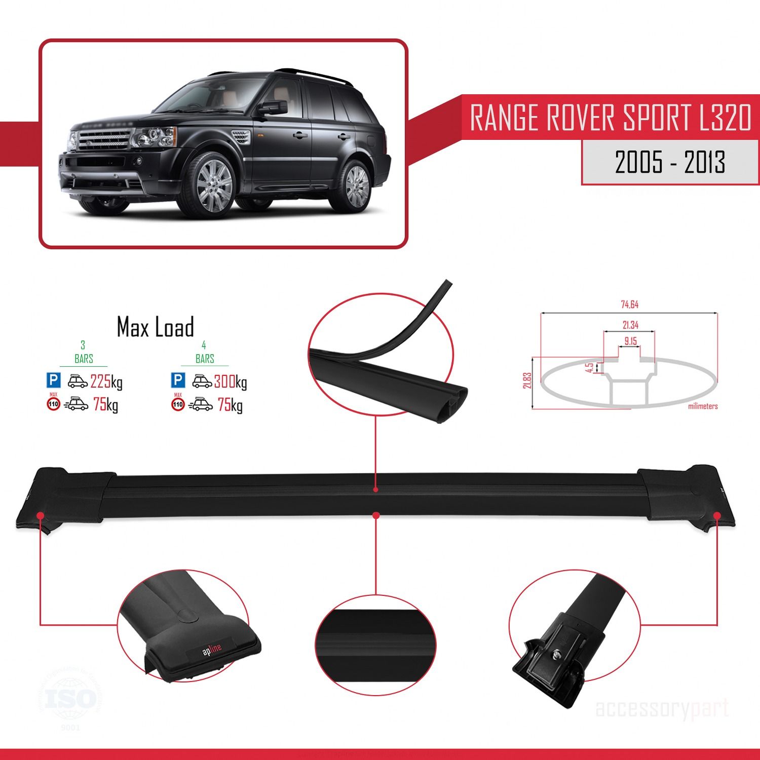 Land Rover Range Rover Sport (L320) 2005-2013 Arası ile Uyumlu FLY Model Ara Atkı Tavan Barı SİYAH 3 ADET BAR