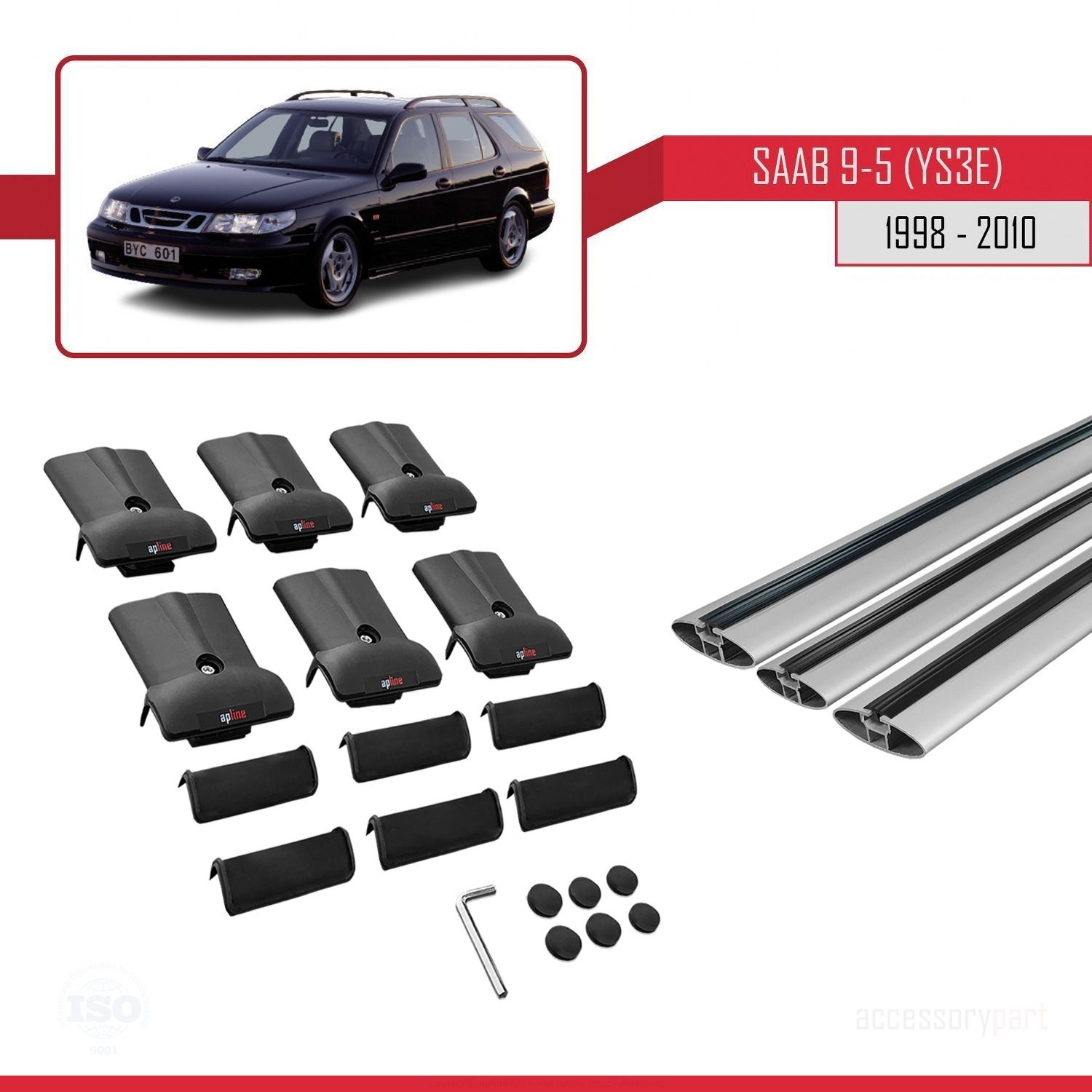 Saab 9-5 (YS3E) 1998-2010 Arası ile Uyumlu FLY Model Ara Atkı Tavan Barı GRİ 3 ADET BAR