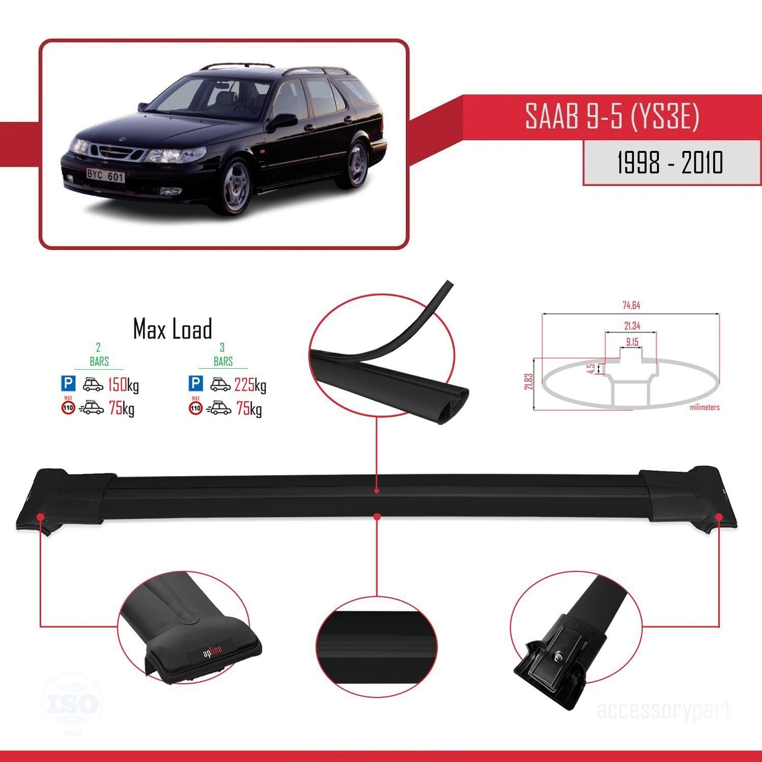 Saab 9-5 (YS3E) 1998-2010 Arası ile Uyumlu FLY Model Ara Atkı Tavan Barı SİYAH