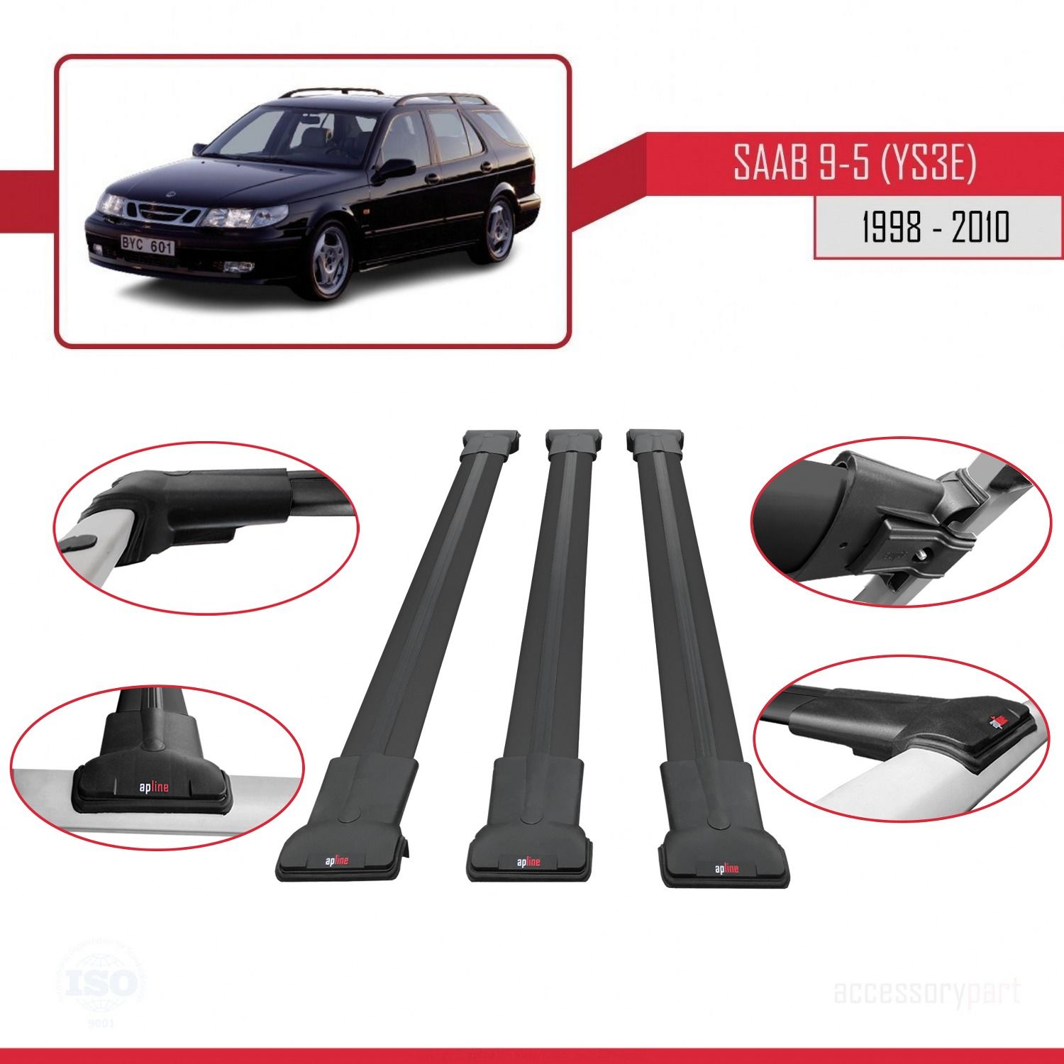 Saab 9-5 (YS3E) 1998-2010 Arası ile Uyumlu FLY Model Ara Atkı Tavan Barı SİYAH 3 ADET BAR