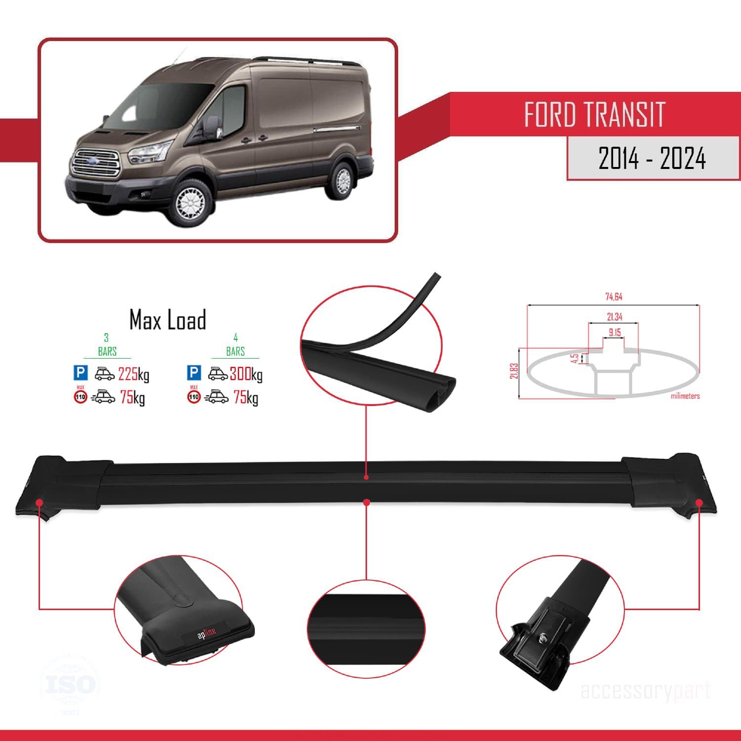 Ford Transit 2014 ve Sonrası ile uyumlu FLY Model Ara Atkı Tavan Barı SİYAH 4 ADET BAR