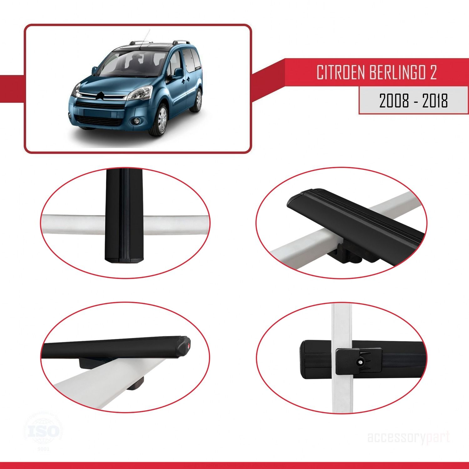 Citroen Berlingo 2008-2018 Arası ile uyumlu Basic Model Ara Atkı Tavan Barı SİYAH 3 ADET