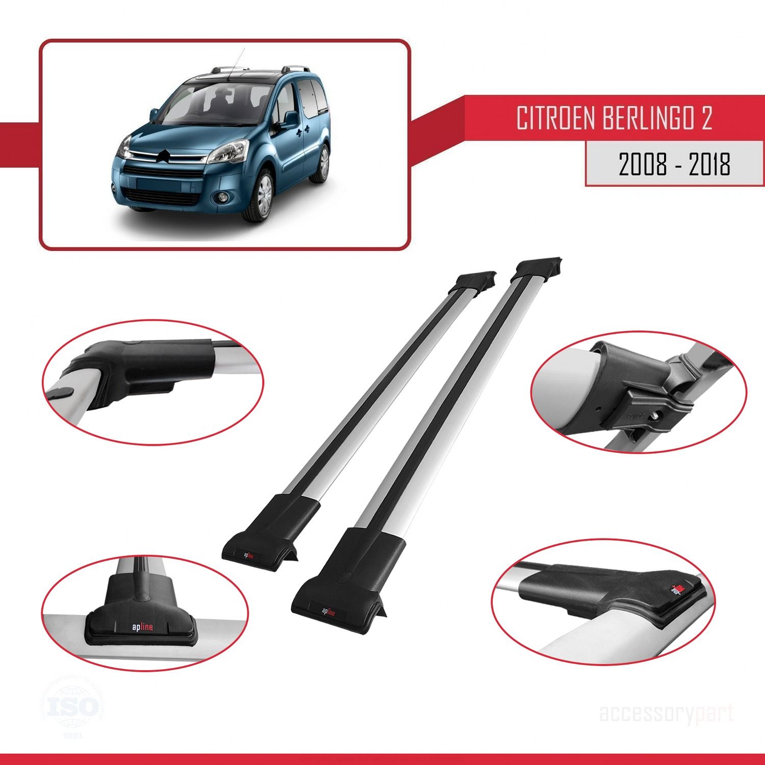 Citroen Berlingo 2008-2018 Arası ile uyumlu FLY Model Ara Atkı Tavan Barı GRİ