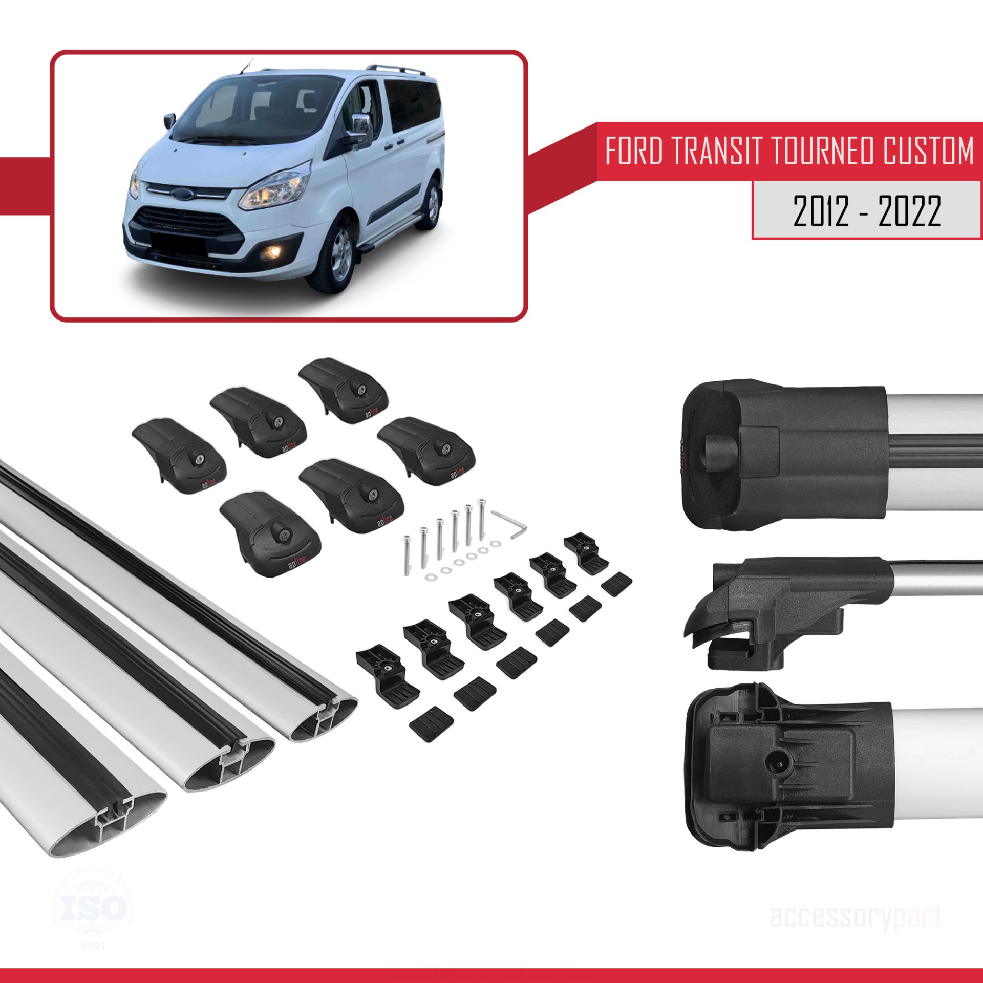 Ford Transit Tourneo - Custom 2012-2023 Arası ile uyumlu ACE-1 Ara Atkı Tavan Barı GRİ 3 ADET BAR