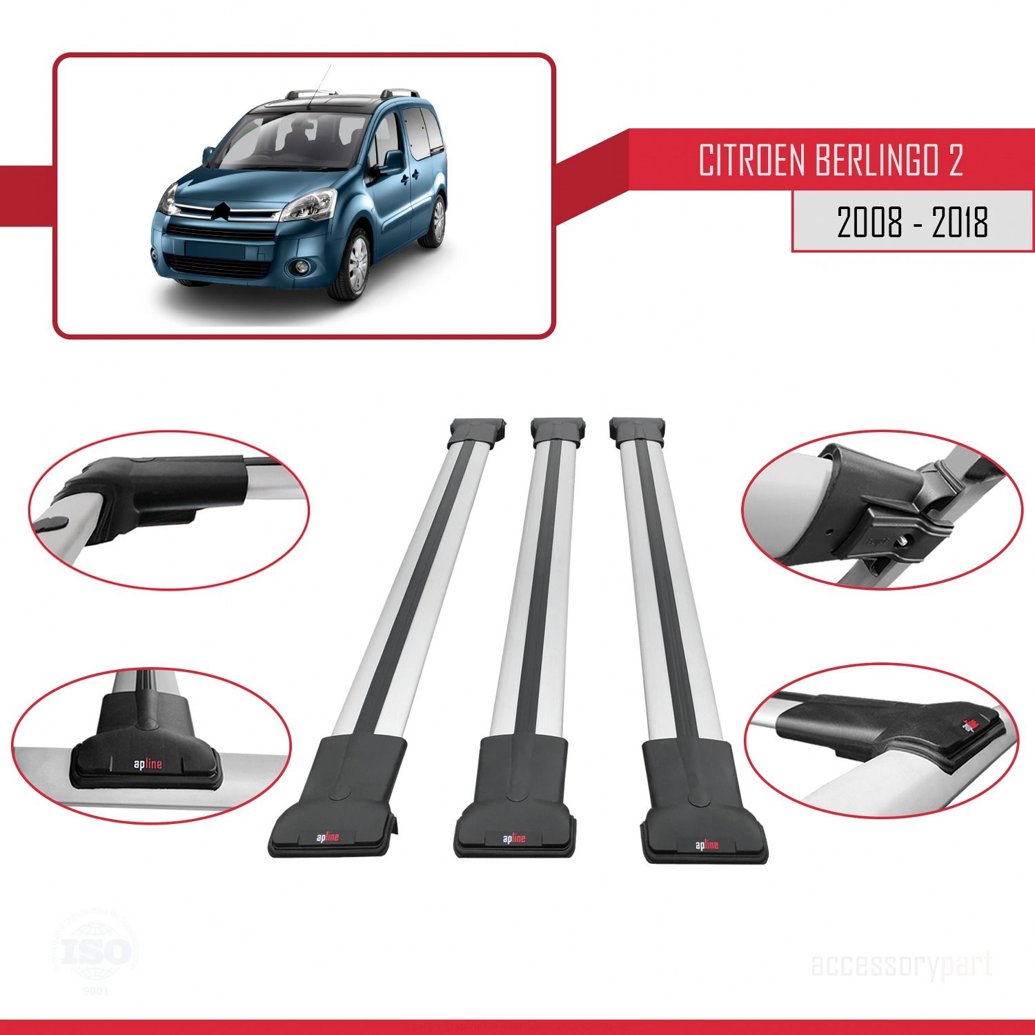 Citroen Berlingo 2008-2018 Arası ile uyumlu FLY Model Ara Atkı Tavan Barı GRİ 3 ADET BAR