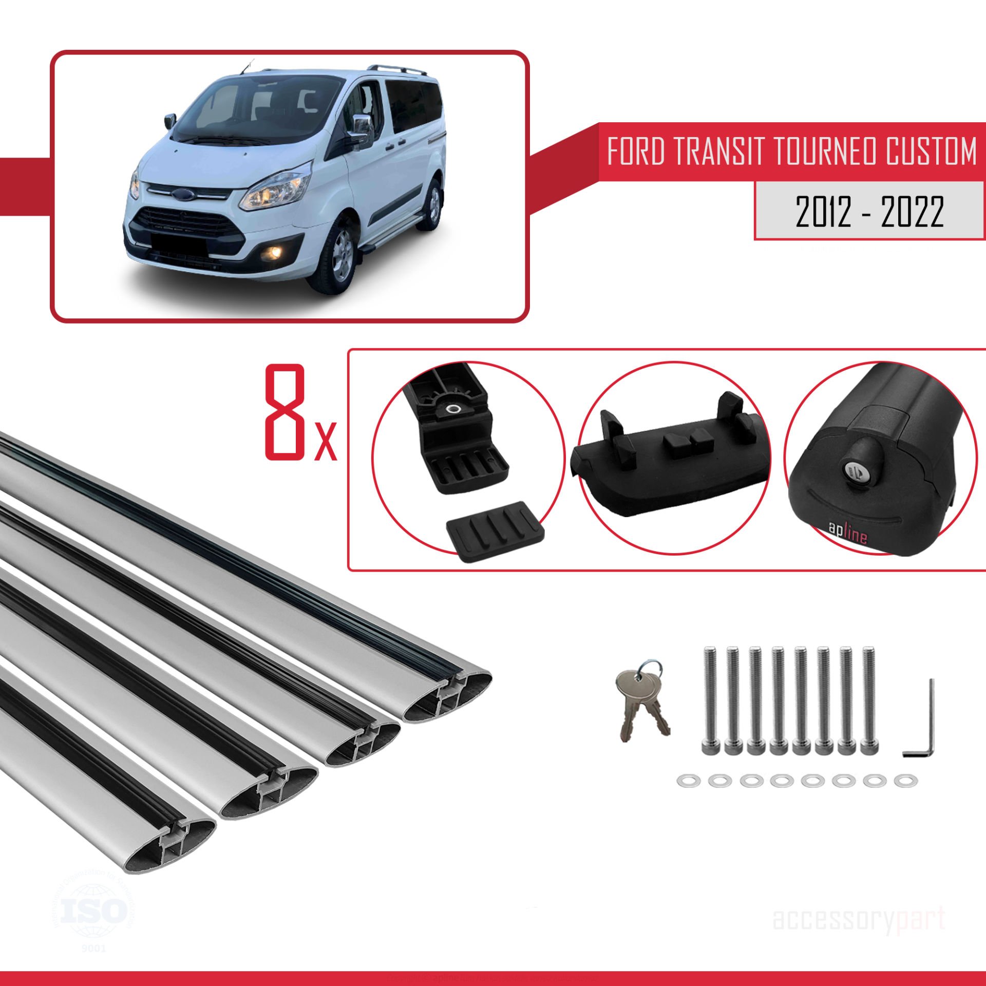 Ford Transit Tourneo - Custom 2012-2023 Arası ile uyumlu ACE-1 Ara Atkı Tavan Barı GRİ 4 ADET BAR