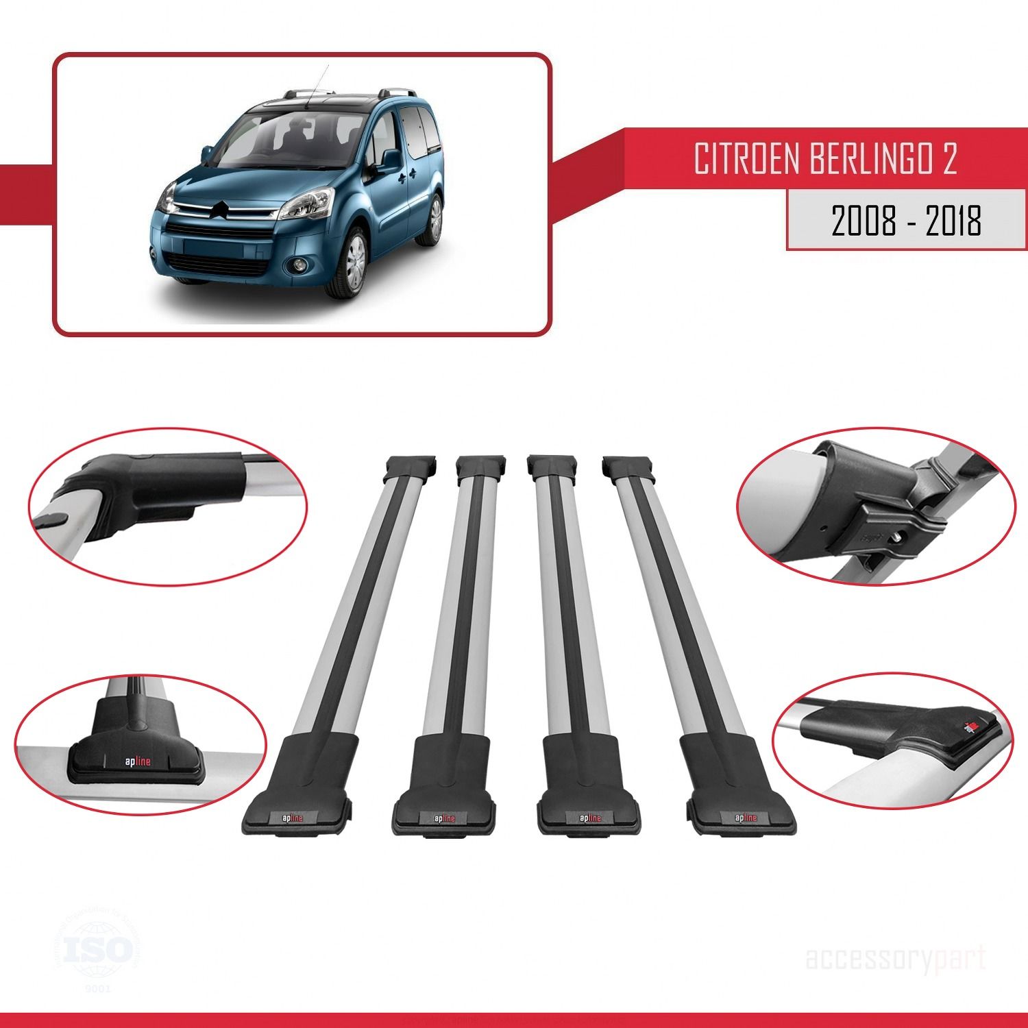 Citroen Berlingo 2008-2018 Arası ile uyumlu FLY Model Ara Atkı Tavan Barı GRİ 4 ADET BAR