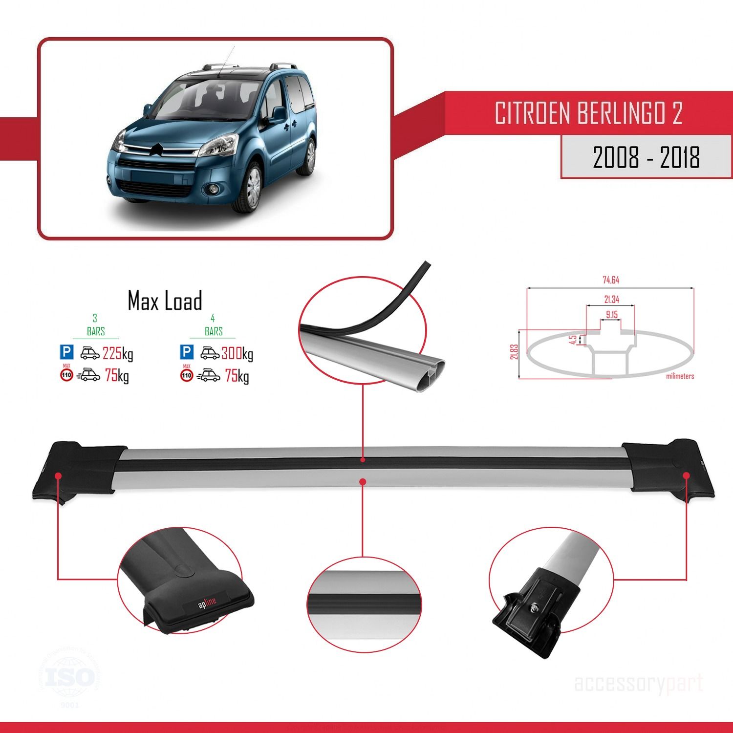 Citroen Berlingo 2008-2018 Arası ile uyumlu FLY Model Ara Atkı Tavan Barı GRİ 4 ADET BAR