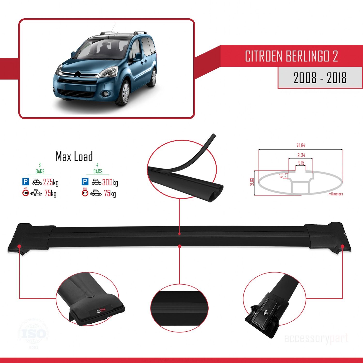 Citroen Berlingo 2008-2018 Arası ile uyumlu FLY Model Ara Atkı Tavan Barı SİYAH 3 ADET BAR